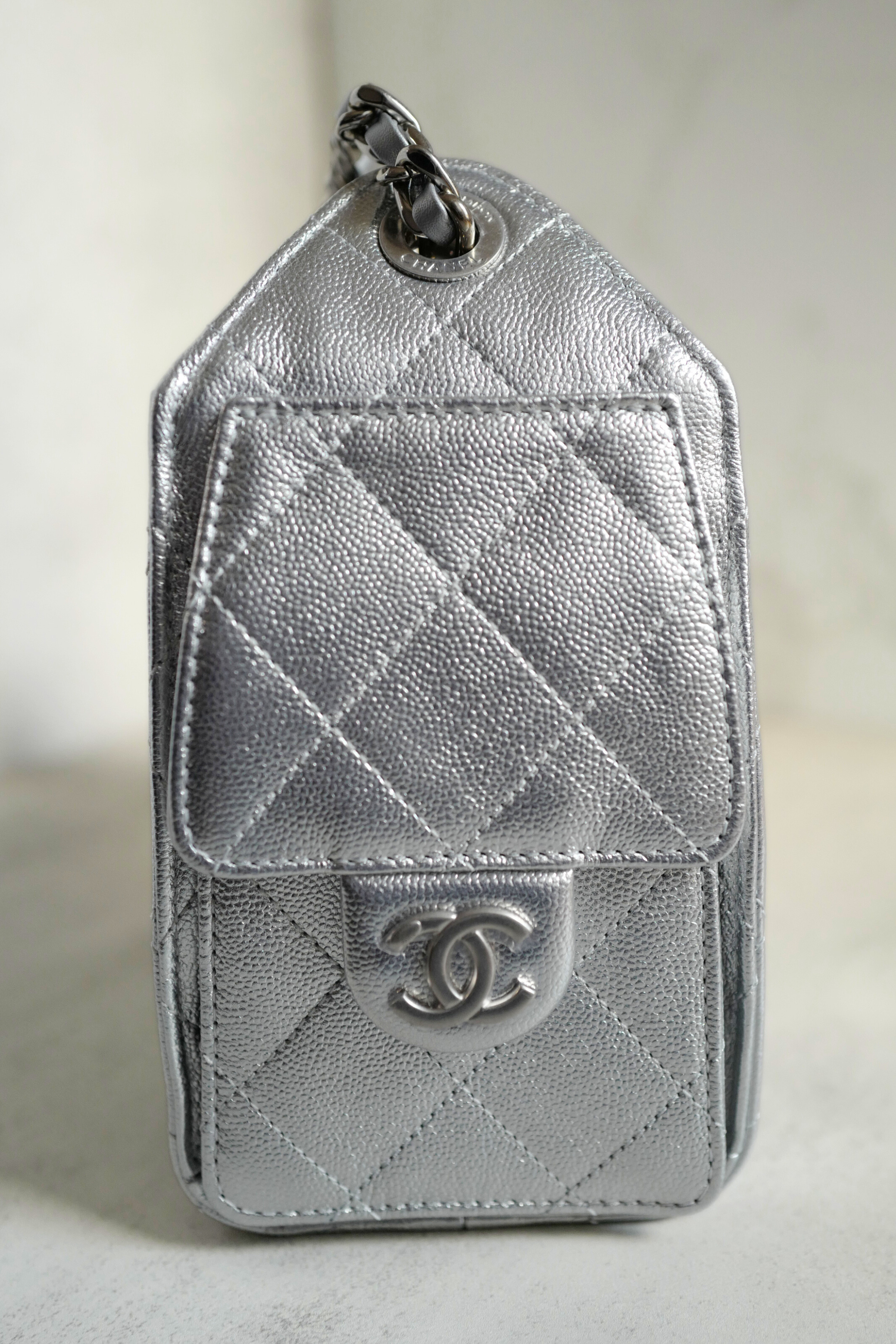 BNIB Chanel 26C Mini Hobo Metallic Silver Grained Calfskin Shoulder Bag