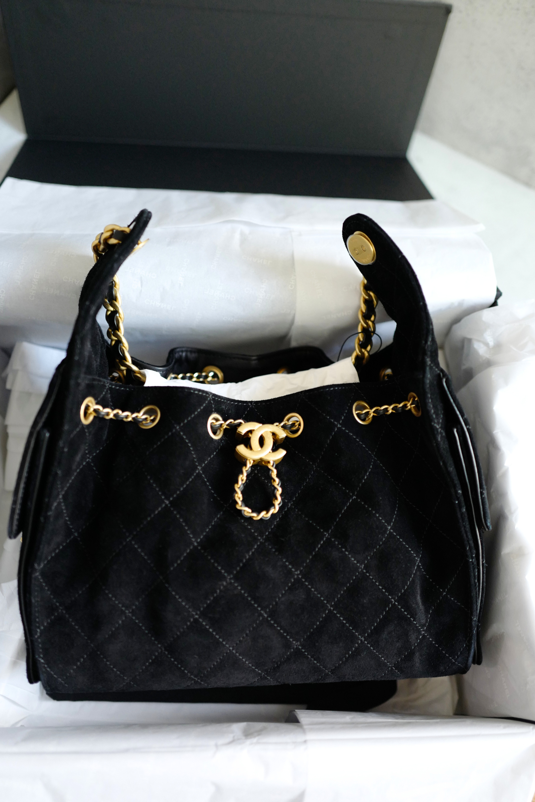 BNIB Chanel 25K Small Hobo Bag Black Suede with Gold Hardware