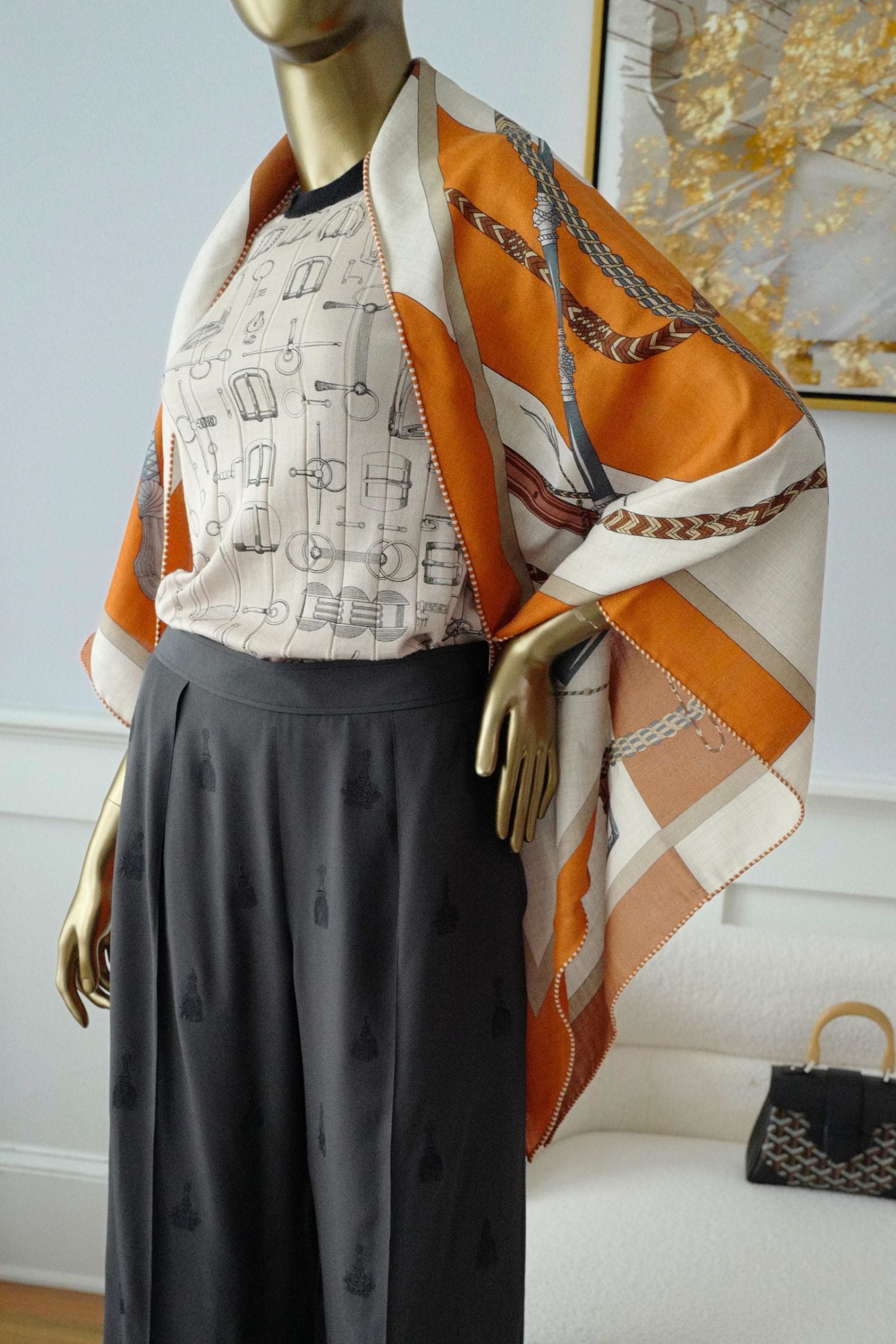Hermès Clic-Clac Triangle Scarf Orange Cuit /Naturel/Caramel Cashmere Silk