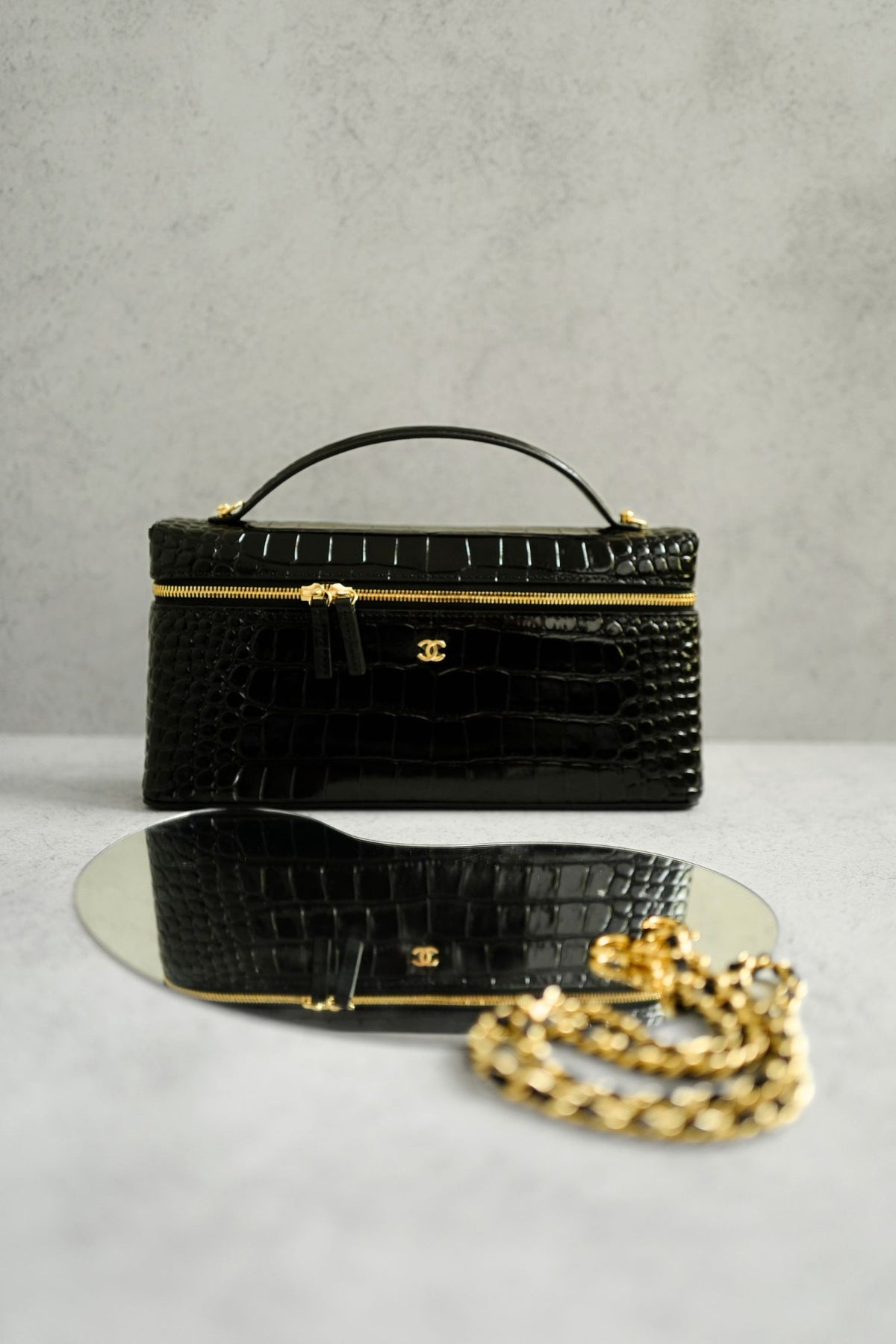 Chanel 26K Matthieu Blazy's Vanity with Chain Croc Embossed Black Calfskin Leather GHW