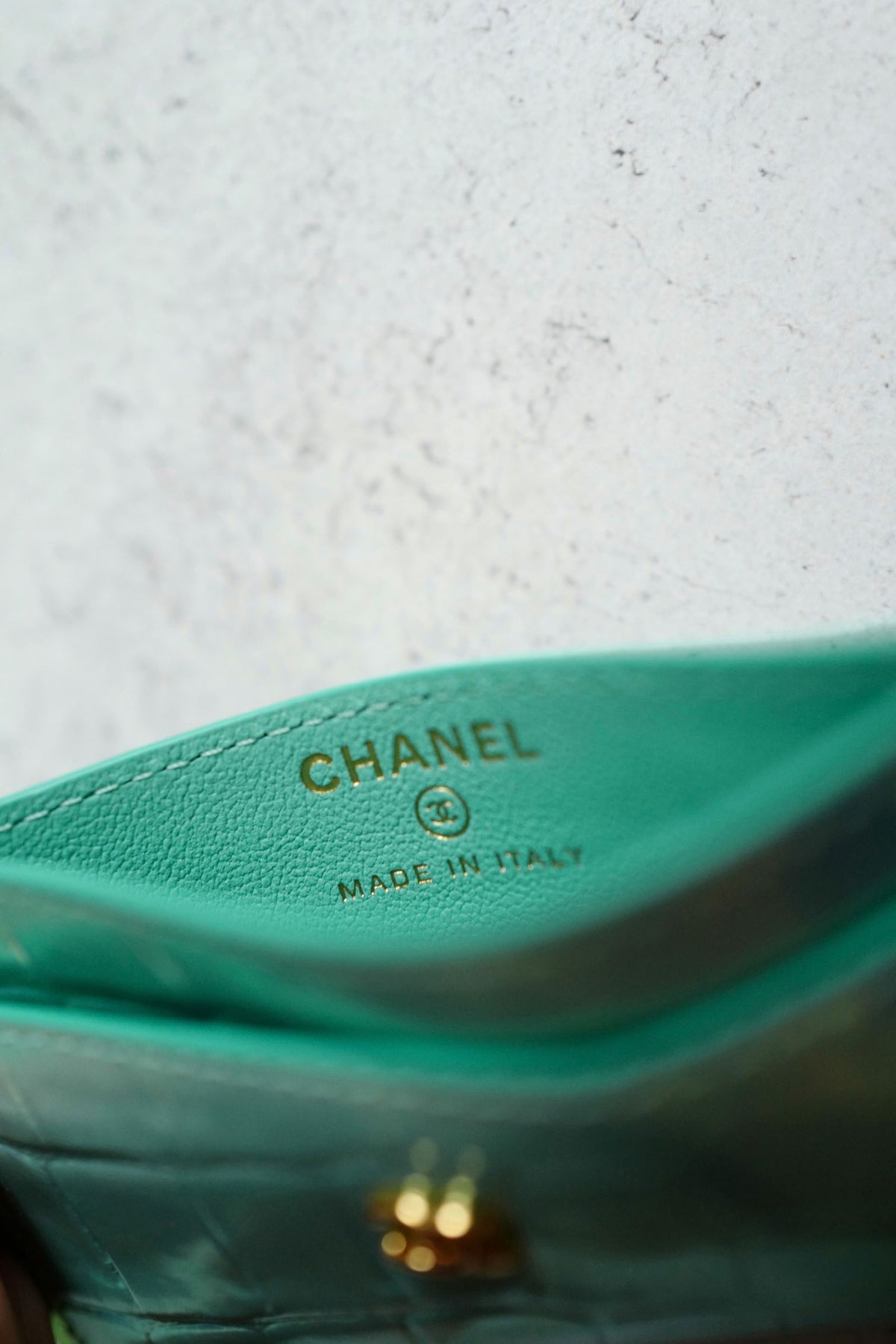 New Chanel 26K Matthieu Blazy's Card Holder Croc Embossed Iridescent Turquoise Green Calfskin GHW