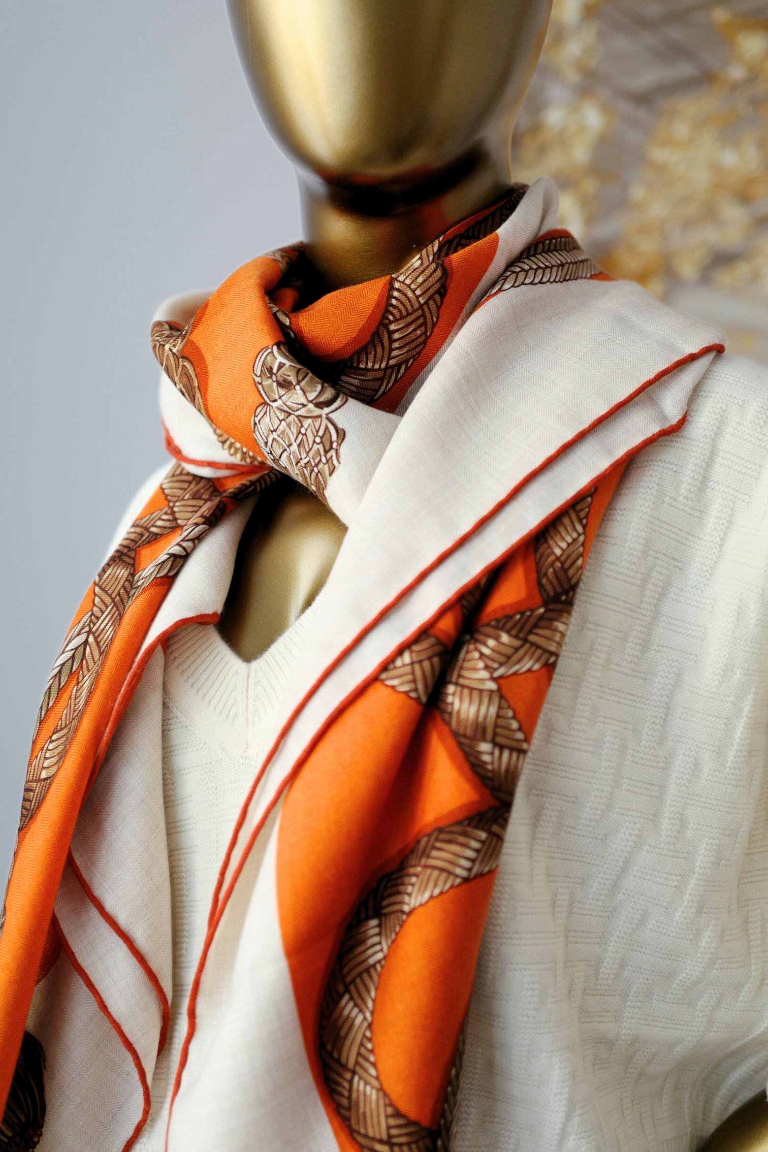 Hermès Palefroi Shawl 140 Cashmere Silk – Naturel / Orange Cuit / Cannelle