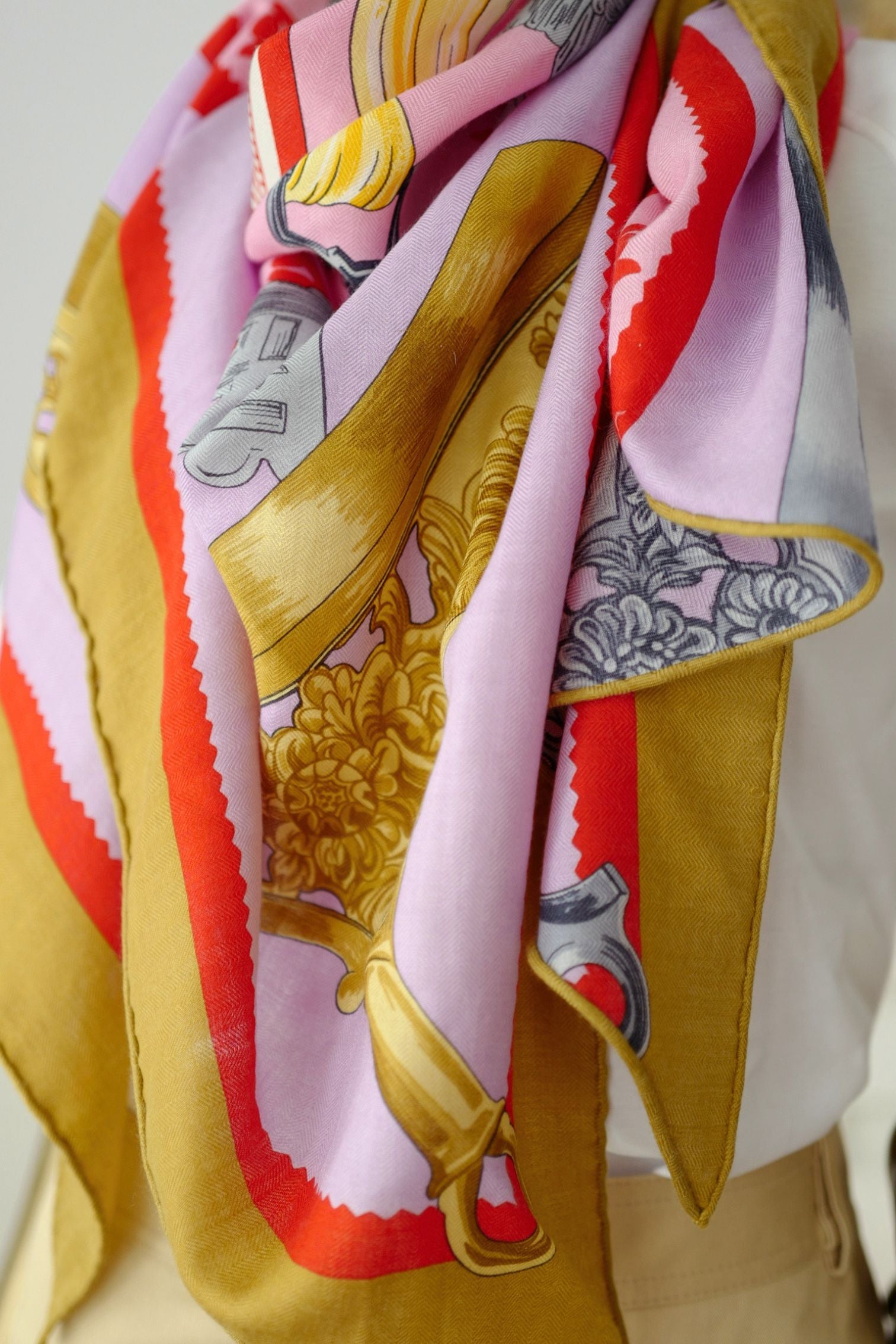 Hermès Etriers Triangle Scarf Pink Multicolor Cashmere Silk