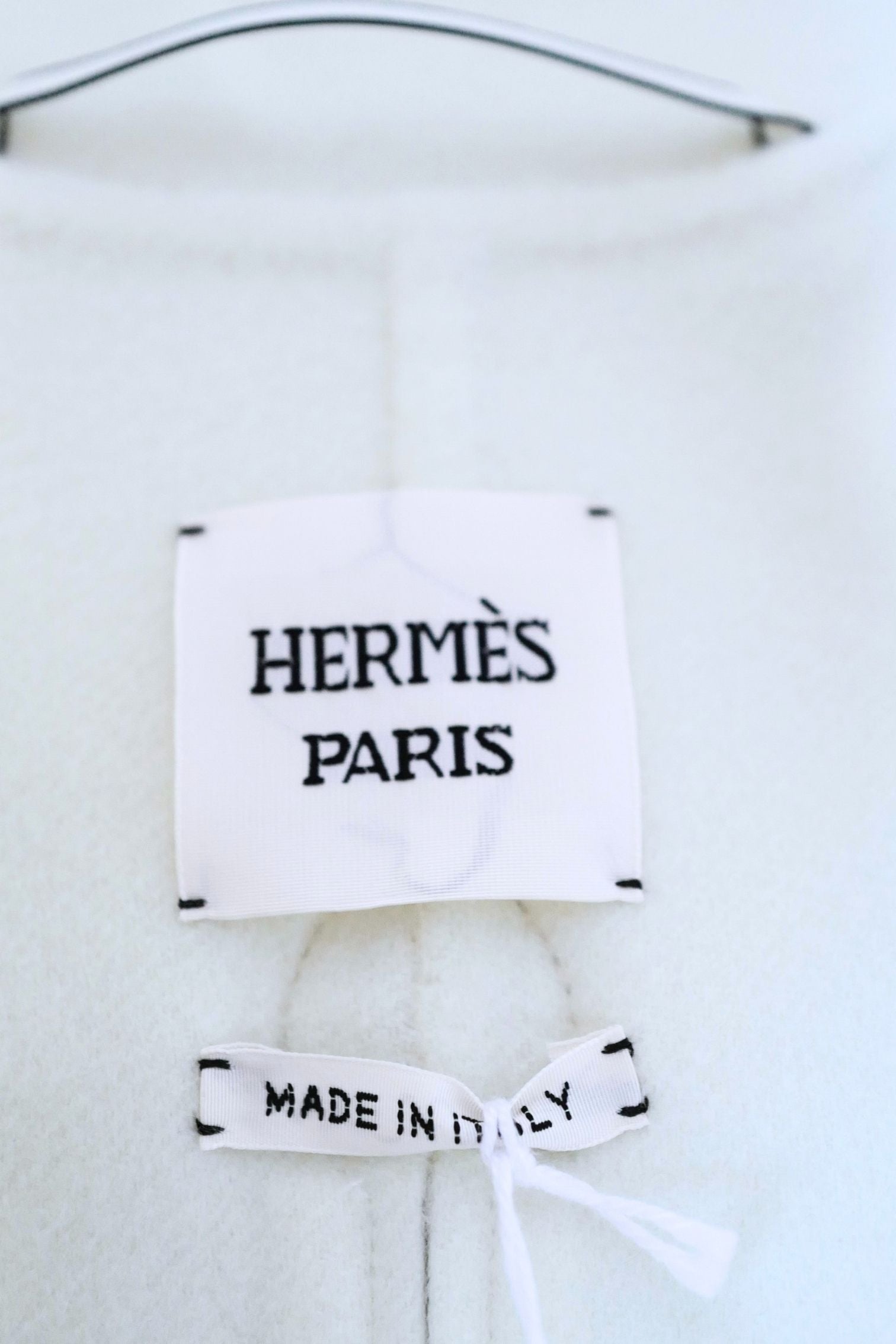 Hermès Double-Face Cashmere Coat with Felt & Leather Details in Natural White Size 34