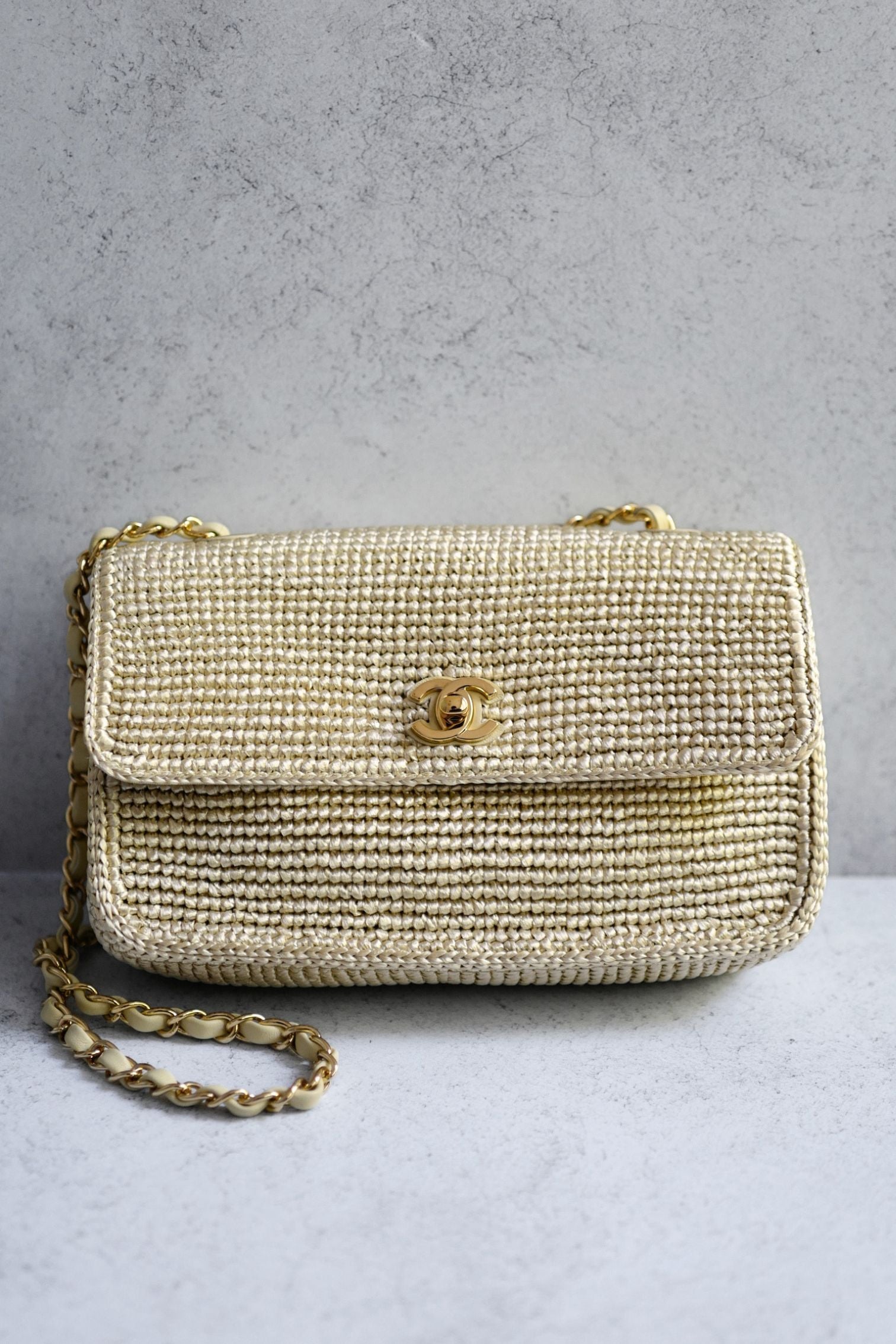 Chanel 26M Coco Beach Small Flap Bag Cream Braided Raffia Gold Hardware