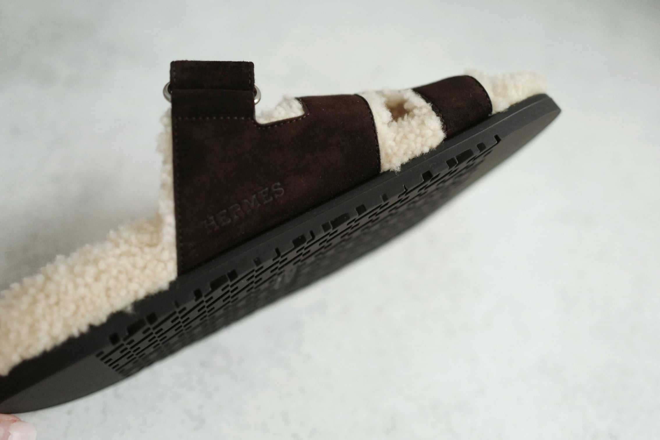 BNIB HERMÈS Chypre Sandals Goat Skin Suede Marron Ébène/Écru Size 38