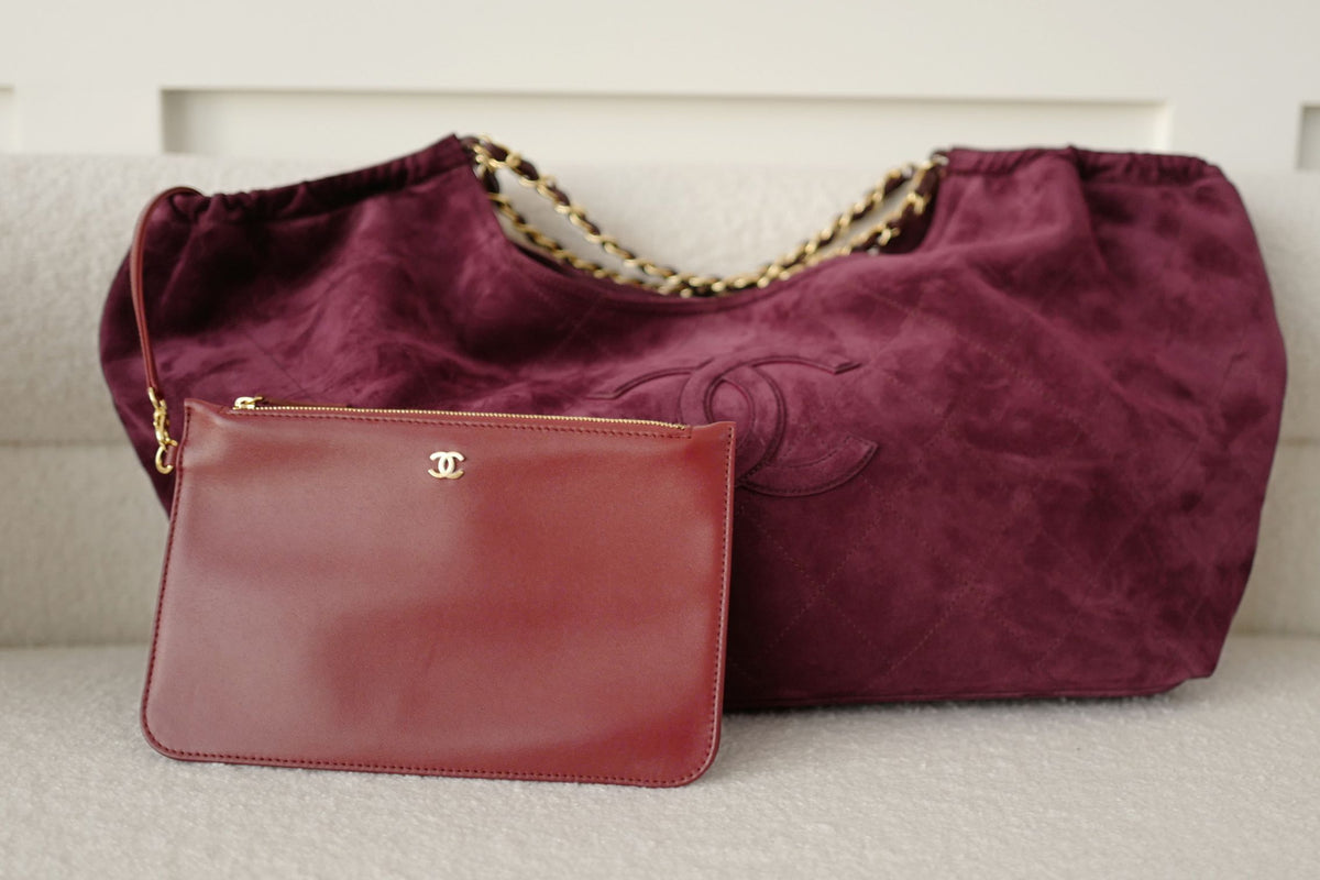 NEW Chanel 26B Large Tote Bordeaux Burgundy Suede Calfskin Gold Hardware