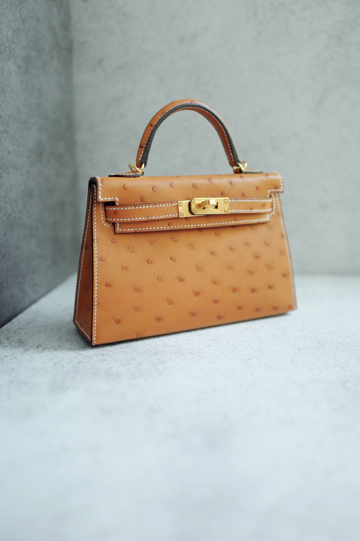 BNIB Hermes Mini Kelly HSS Cognac Ostrich with Craie Stitching GHW G Stamp 2026
