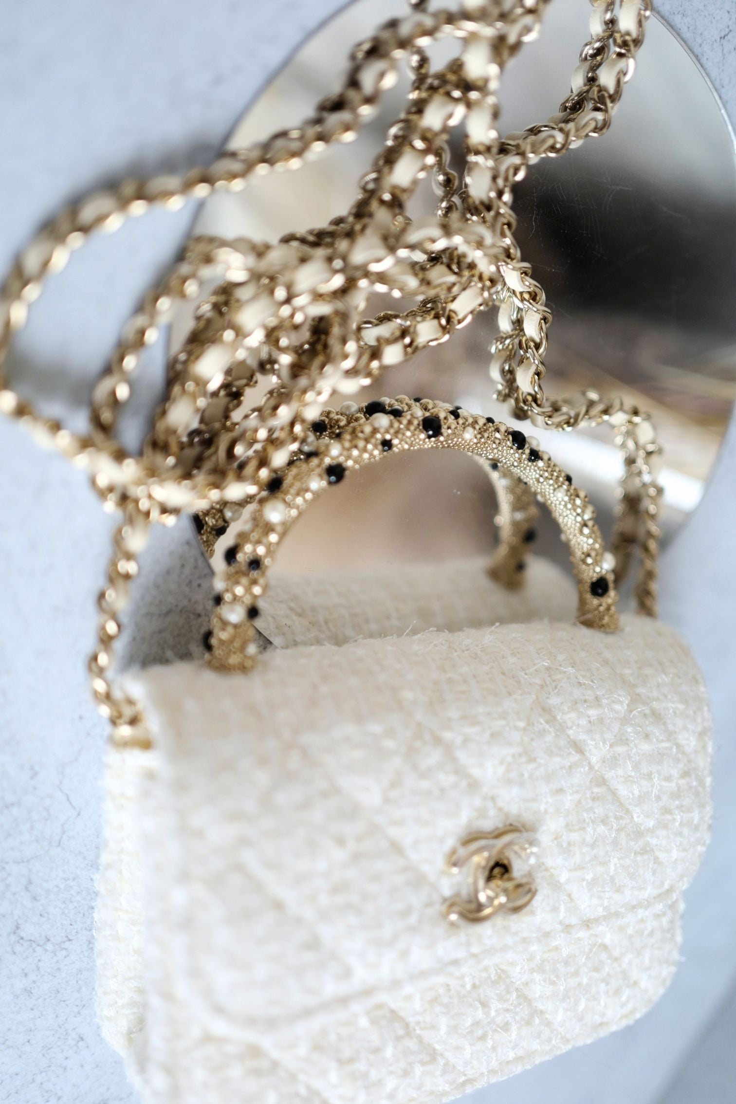 CHANEL 26C Top Handle Clutch With Chain in Tweed Pearl Ecru White Gold Hardware