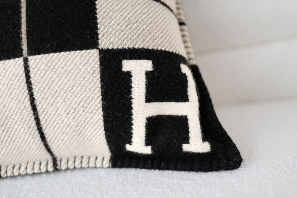 New Hermes Avalon III Jacquard Cushion Petit Modele Wool Cashmere Ecru Noir