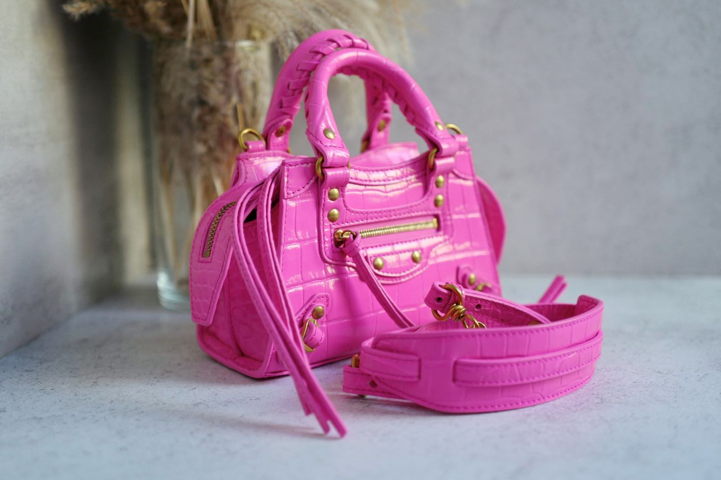Balenciaga Neo Classic Nano Size In Bright Pink Croco Leather