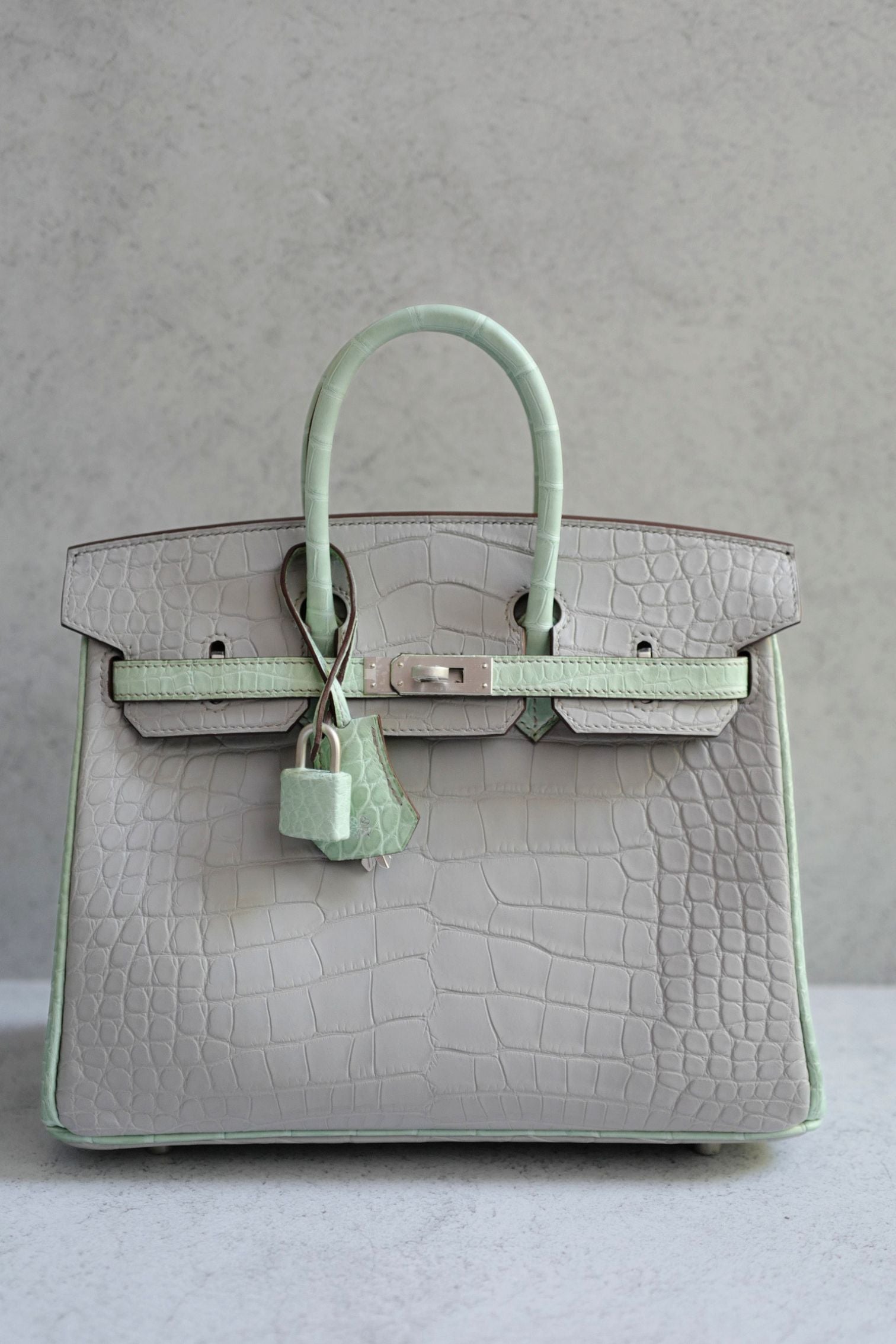 Hermès Birkin 25 HSS Gris Perle Vert D'eau Matte Crocodile Brushed PHW