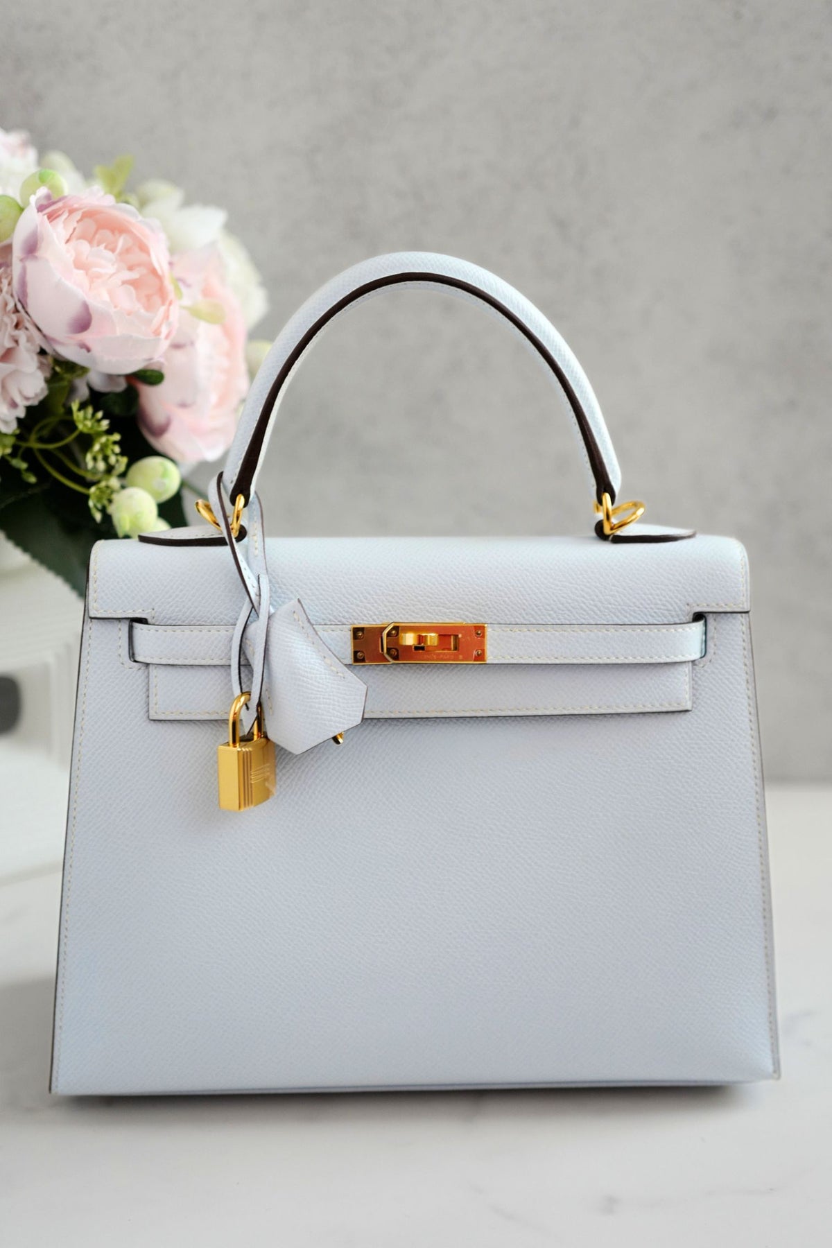 Hermes Kelly 25 Bleu Brume Epsom Sellier Gold Hardware
