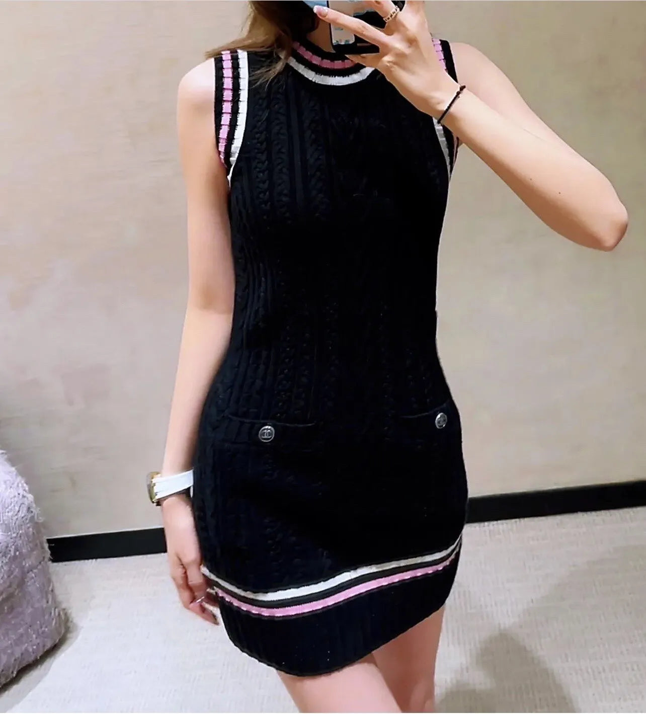 Chanel 23P RTW Tennis Knit Dress in Black, Pink and Ecru Strip Details 36