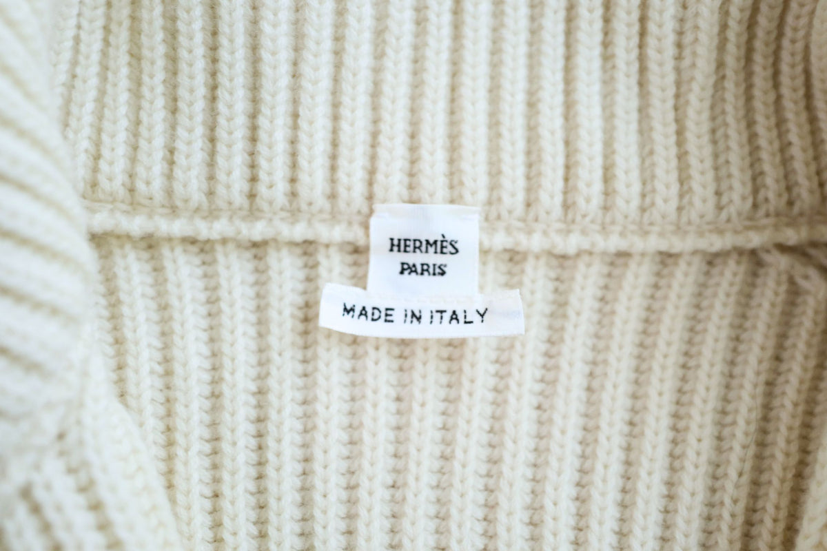 NEW Hermes Blouson Cardigan Blanc Naturel Wool Knit H Leather Pocket Size 34