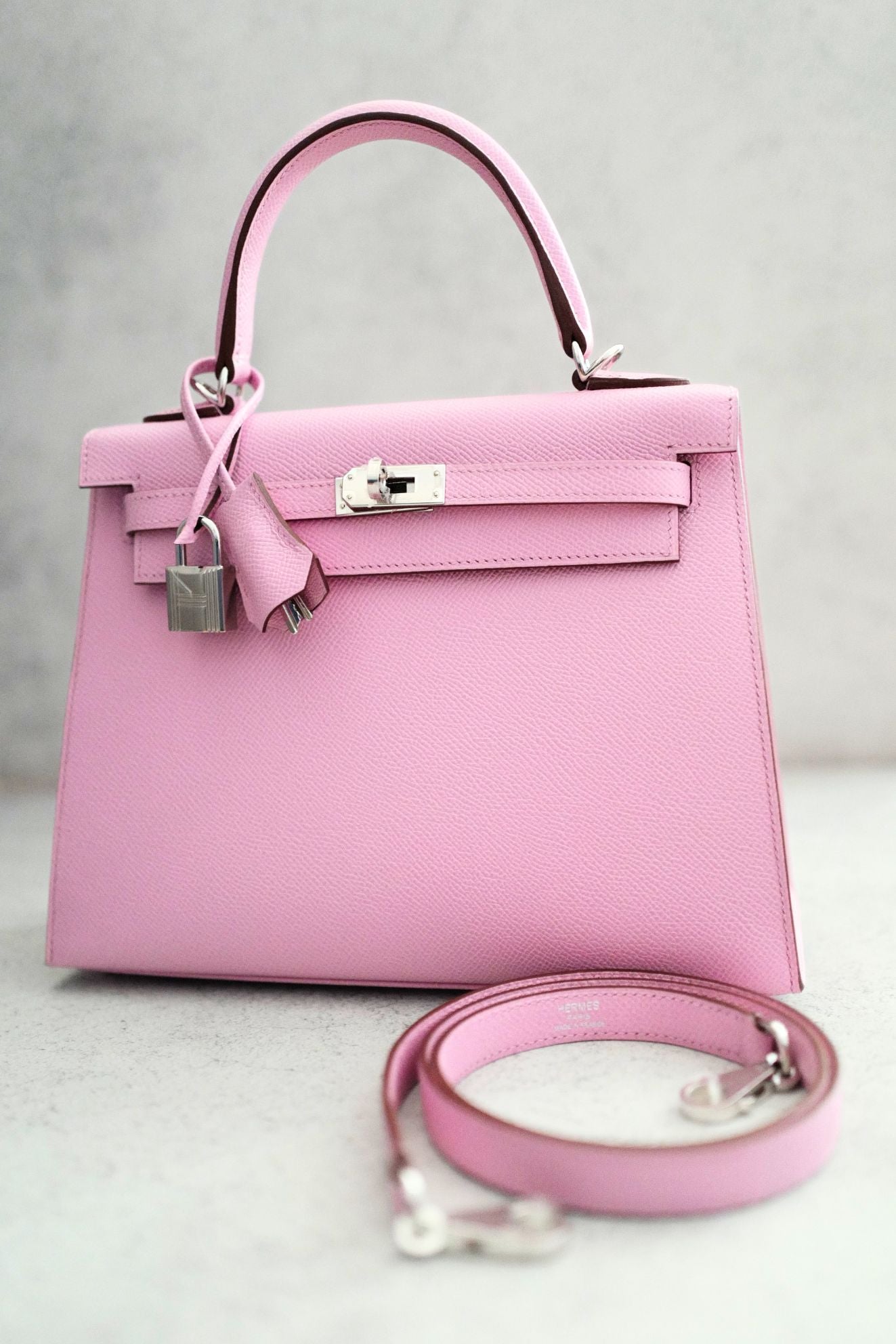 Hermès Kelly 25 Mauve Sylvestre Epsom Sellier Palladium Hardware K Stamp