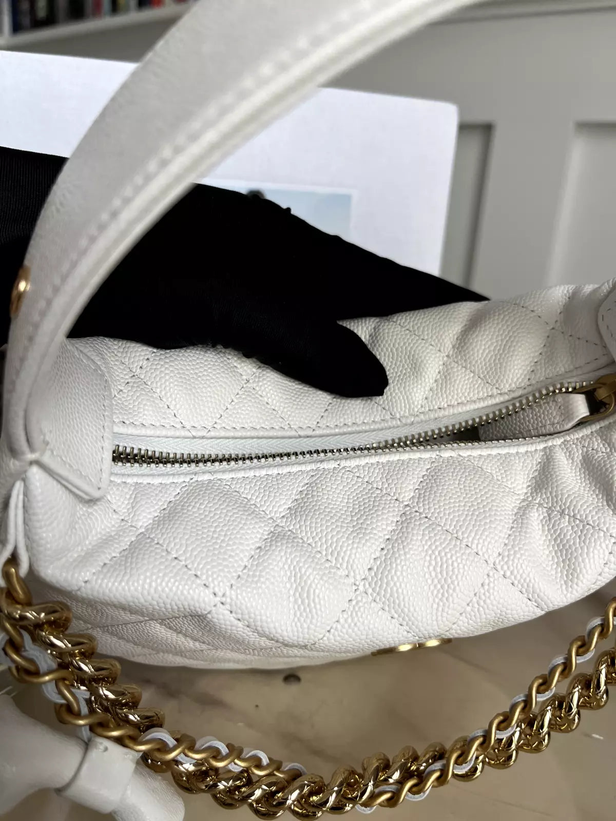 Chanel 24S White Calfskin Pouch on Gold Chain