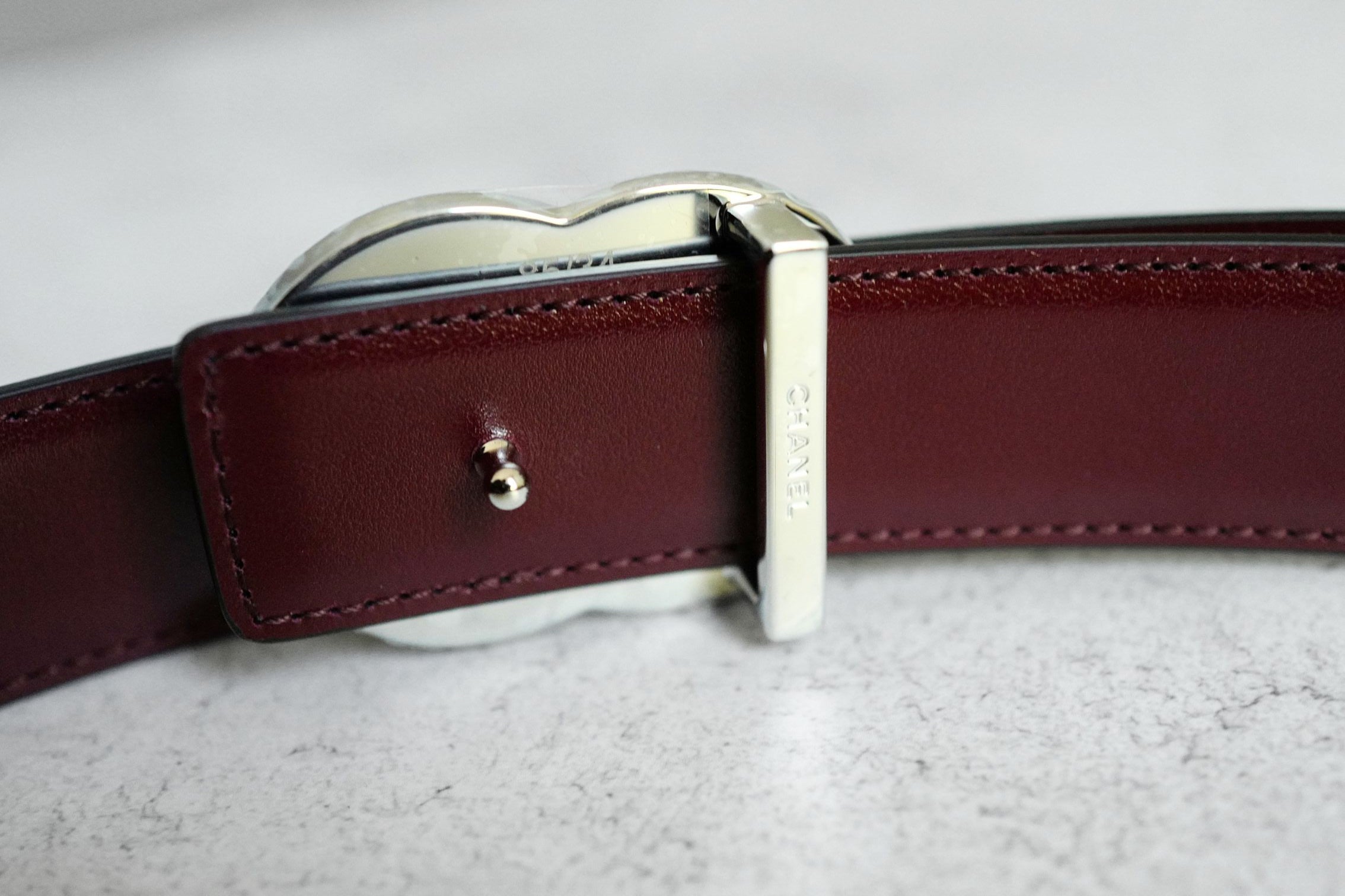 Chanel CC Reversible Belt Black Burgundy Silver Calfskin Metal Size 85