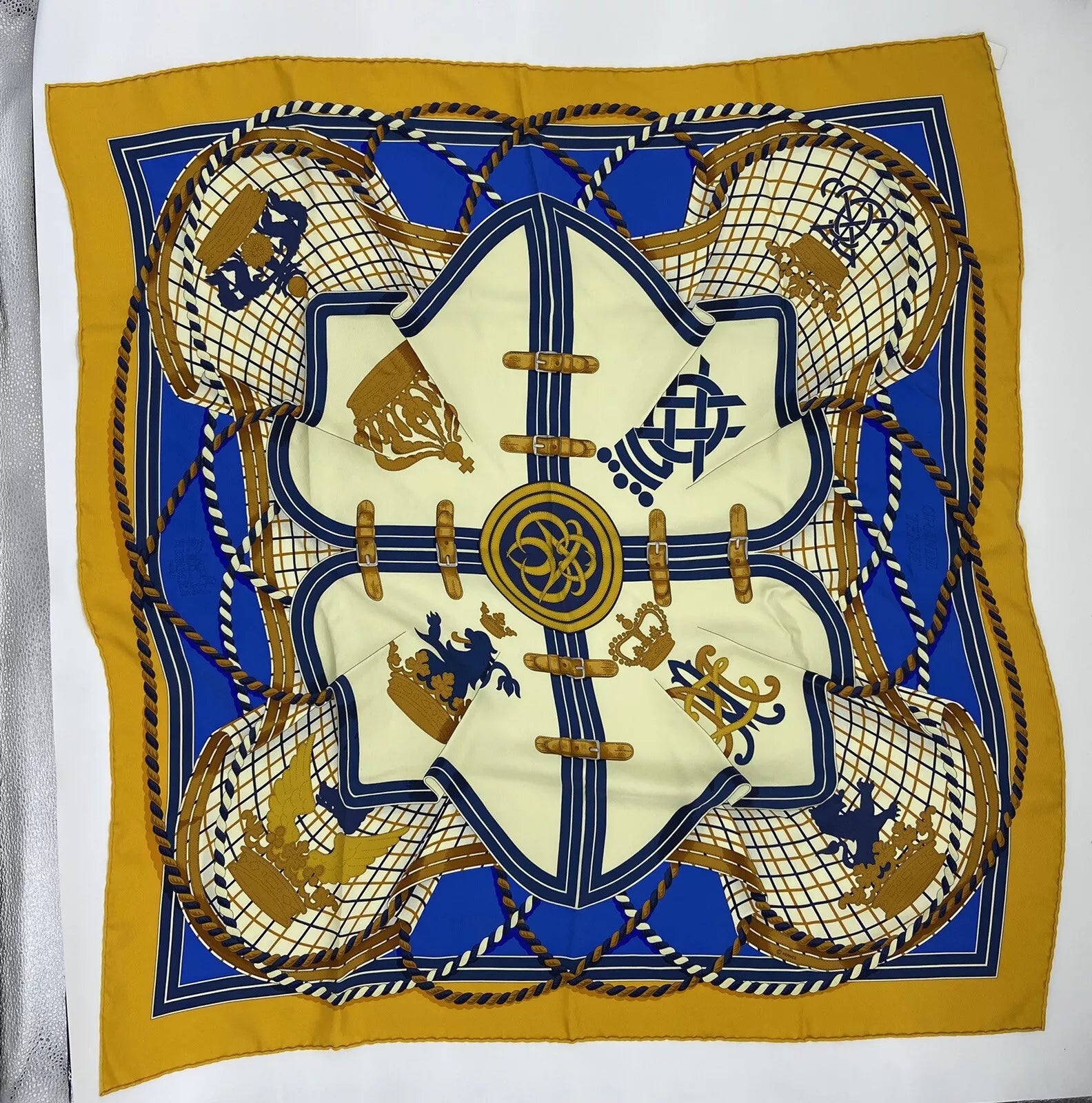 Hermes Carre Wash Grande Tenue Silk Scarf 90 X 90 cm Gold / Creme / Bleu Roy