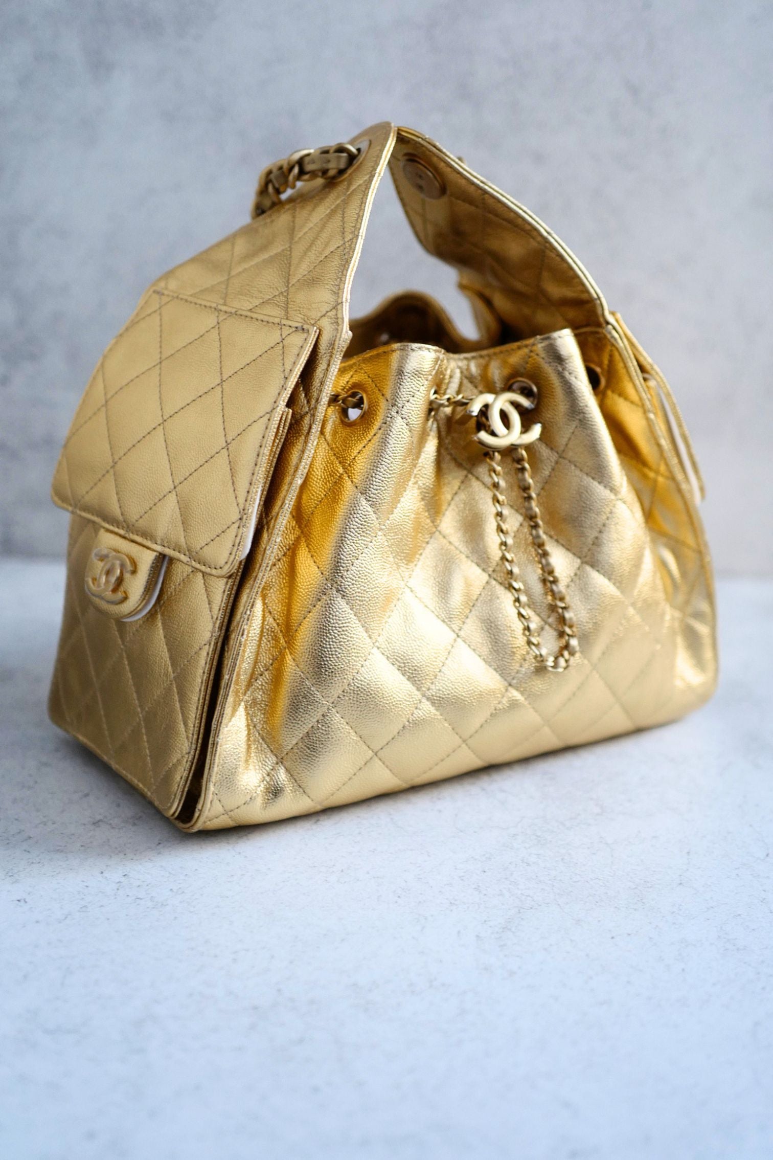 Chanel 26C Small Hobo Gold Metallic Grained Calfskin Gold Hardware