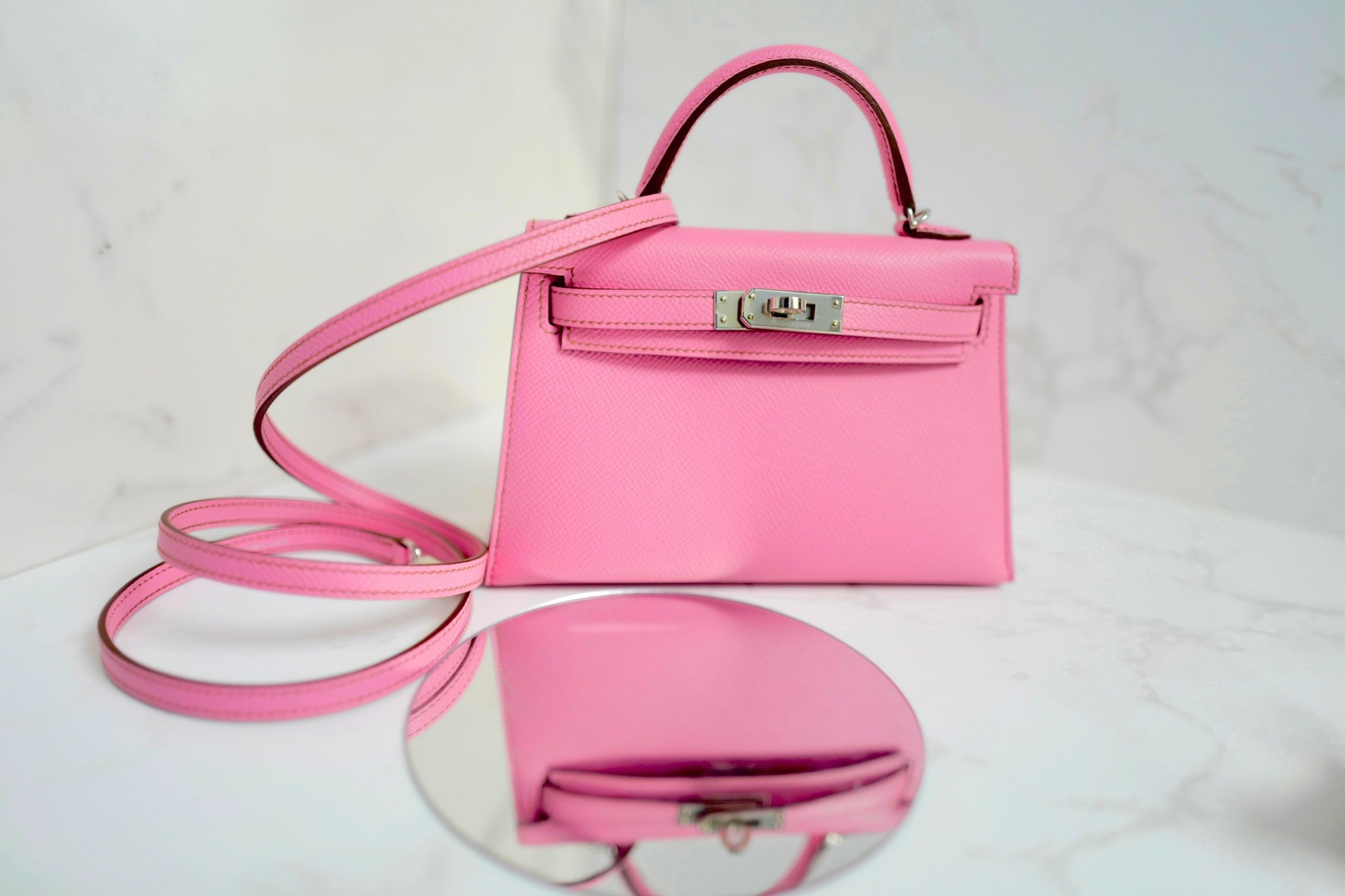 Hermes Mini Kelly 5P Bubblegum Pink Epsom Leather Palladium Hardware