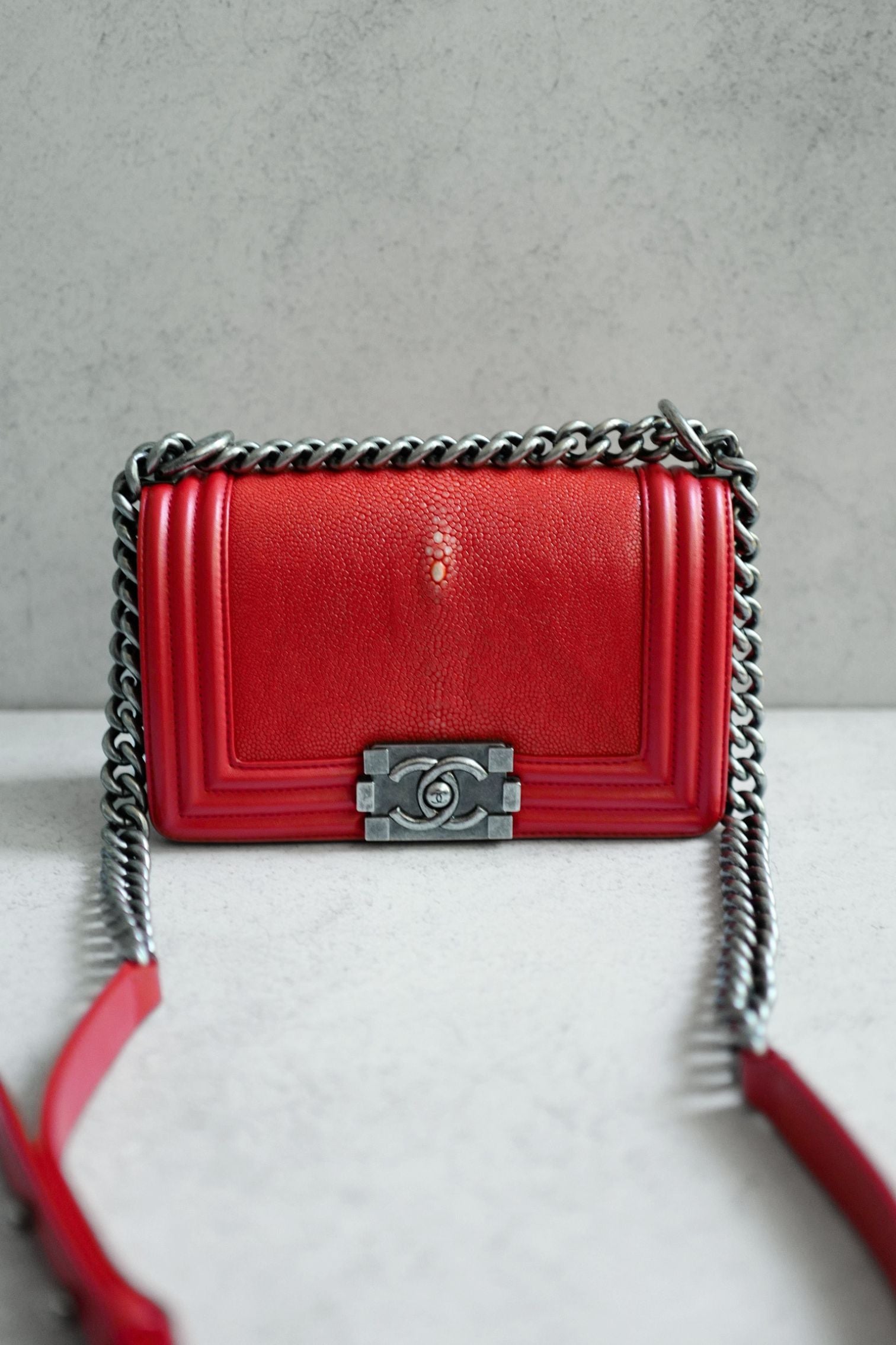Preloved Chanel Boy Red Small In Stingray Ruthenium HW Limited Edition #18