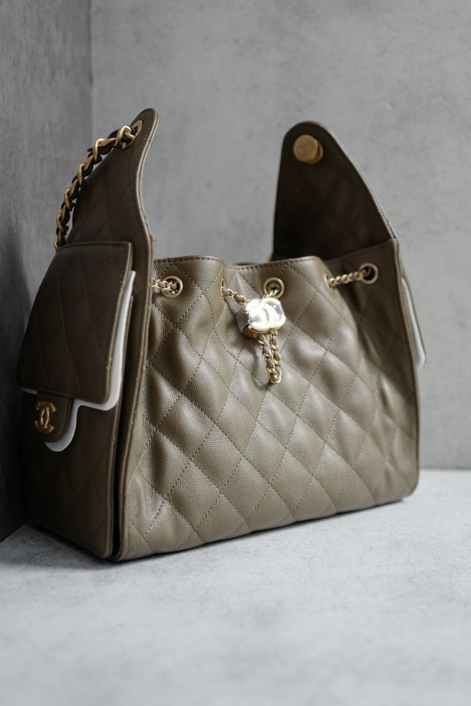 Chanel 26s Small Hobo Dark Khaki Grained Calfskin Gold Hardware