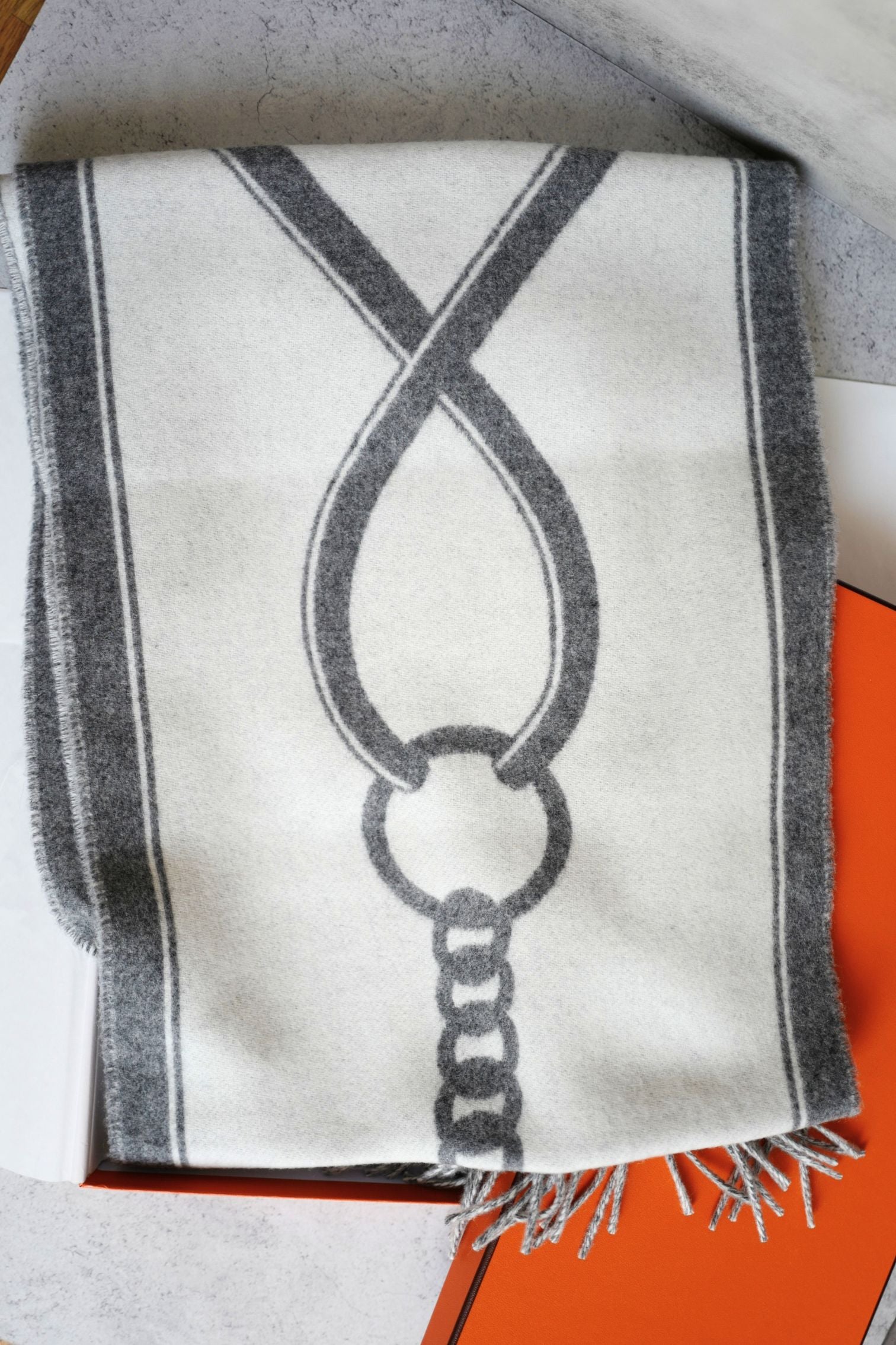 Hermès Casaque Mors Cashmere Scarf in Ivoire Gris Flanelle