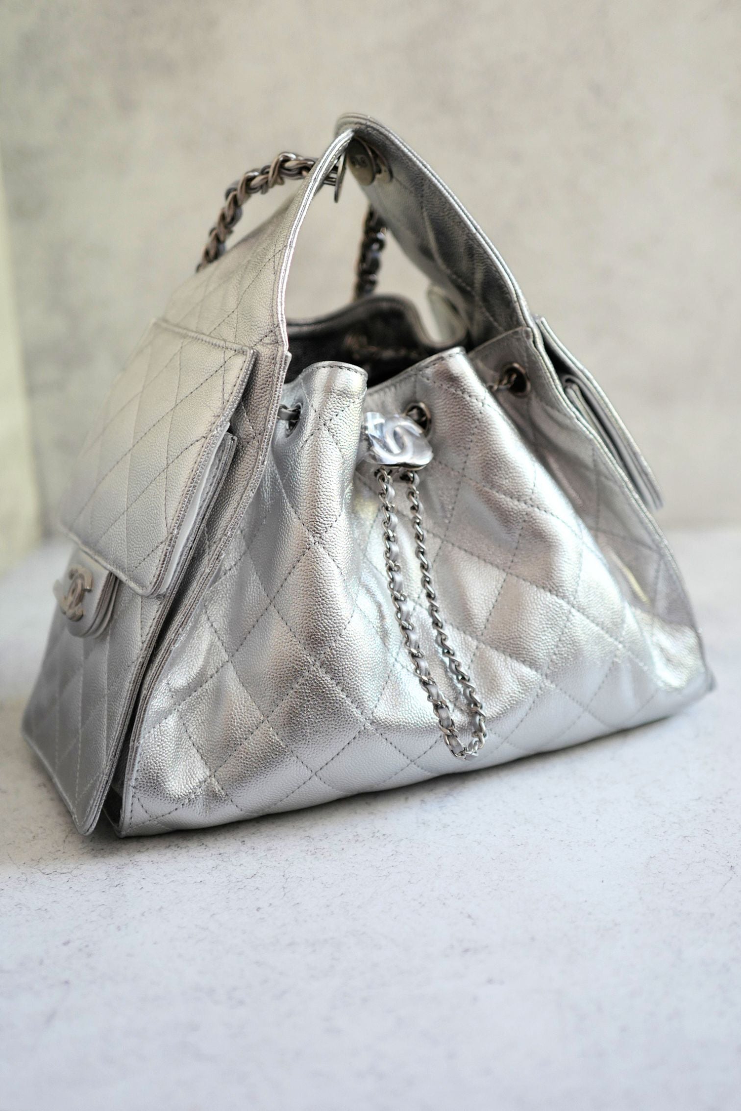 Chanel 26C Small Hobo Silver Metallic Grained Calfskin Silver Hardware