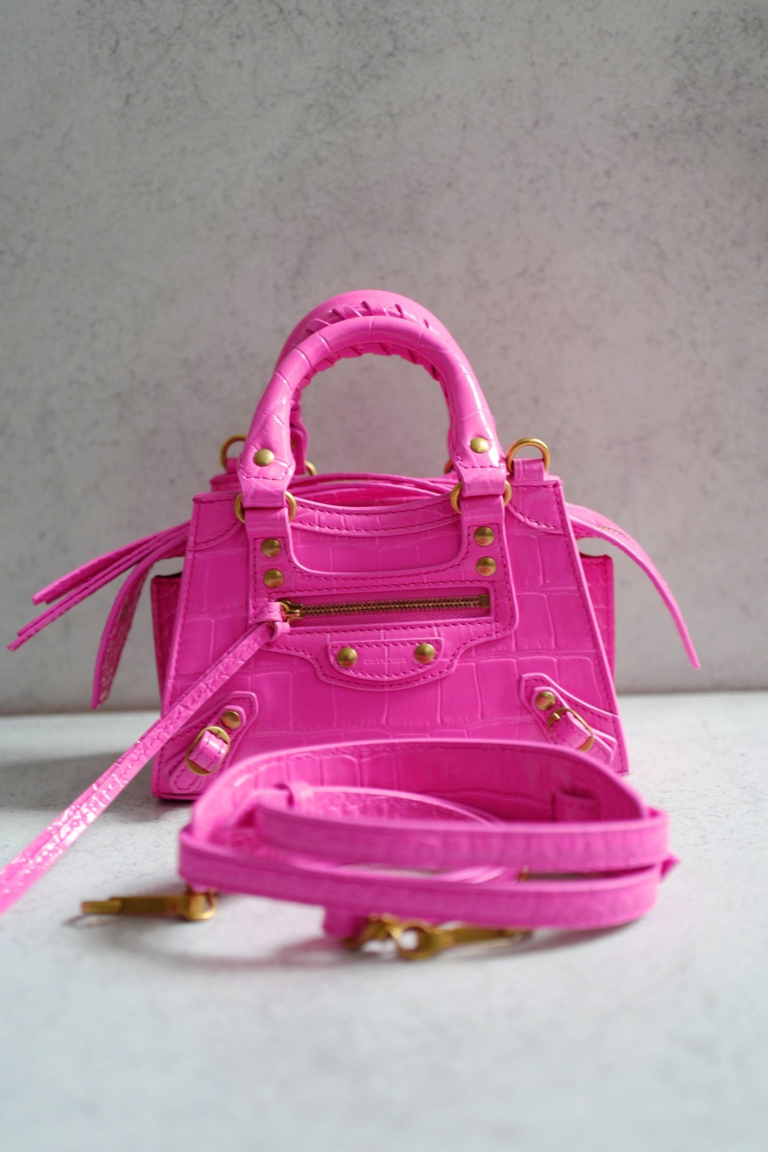 Balenciaga Neo Classic Nano Size In Bright Pink Croco Leather