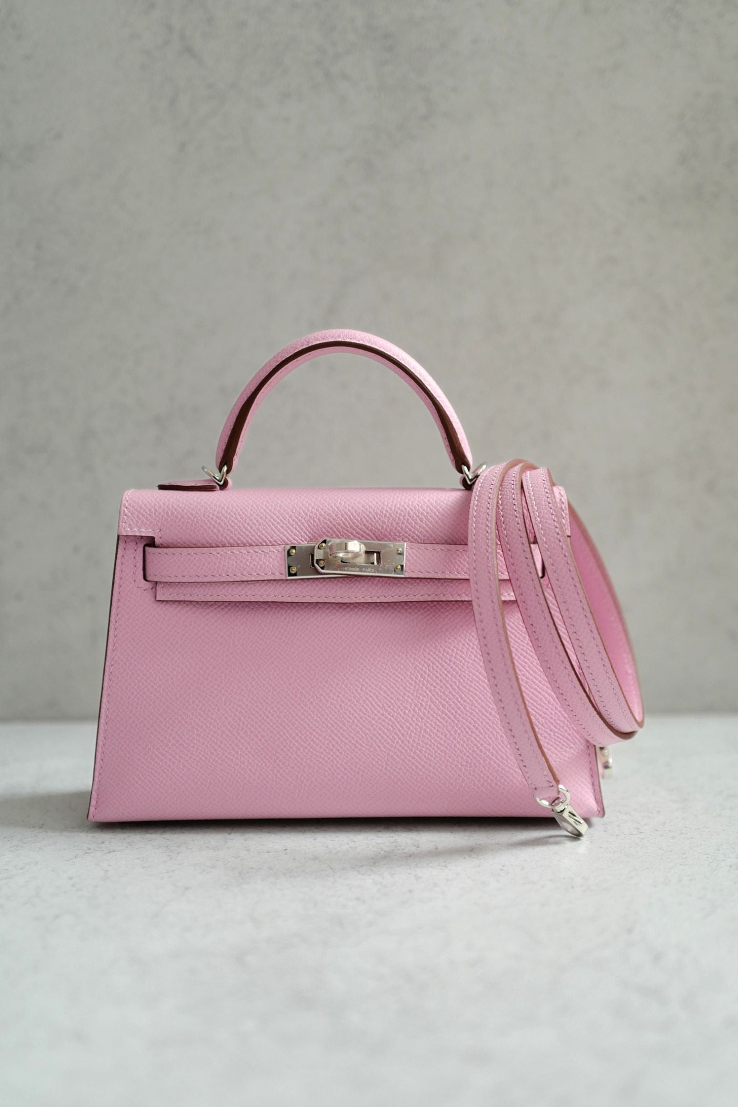 NEW Hermes Mini Kelly Mauve Sylvestre Epsom Leather Palladium Hardware