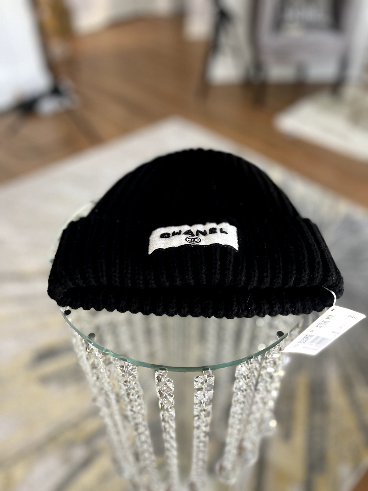 Chanel Black Cashmere Beanie Sequin CHANEL Logo Hat New 23