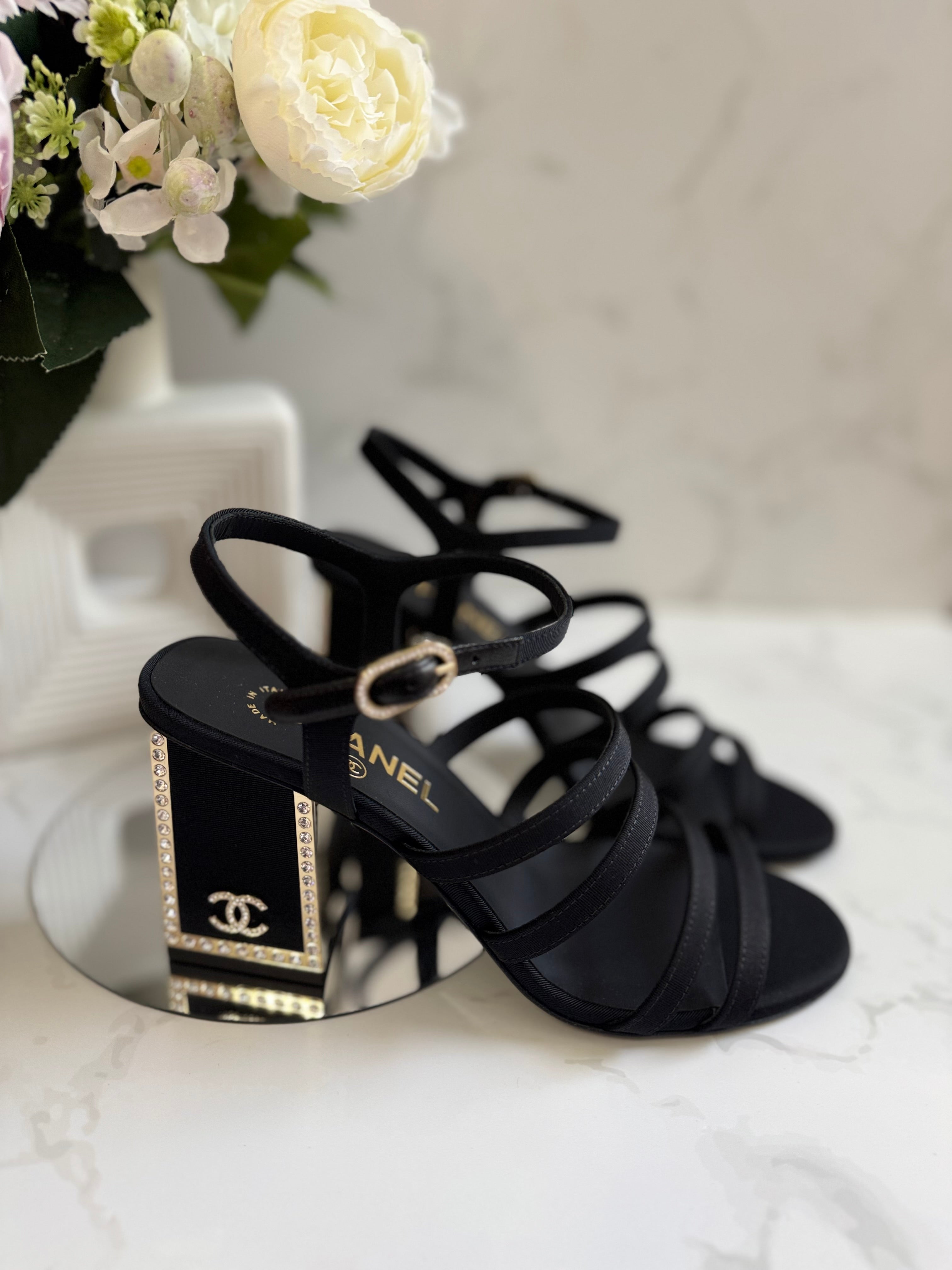 BNIB Chanel 24B Strappy Heels in Black with Crystals Rhinestone Heels size 38