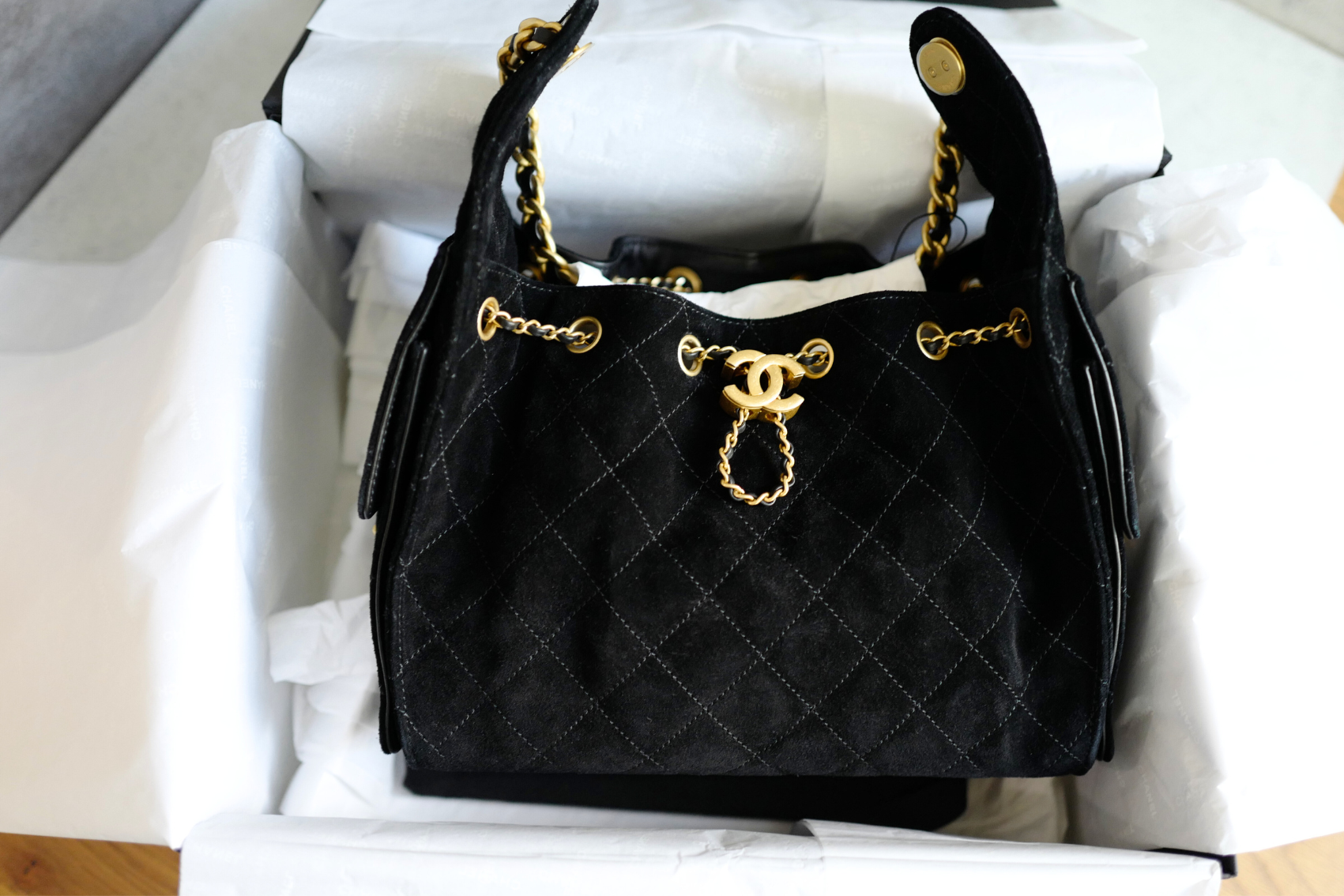BNIB Chanel 25K Small Hobo Bag Black Suede with Gold Hardware