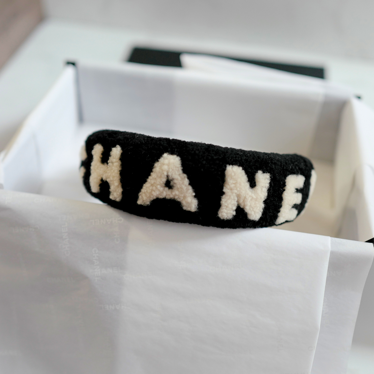 ChaneI White Faux Fur Spell-Out Headband With Black Lettering Chanel New White Shearling Logo Headband - Vintage Lux main image 2