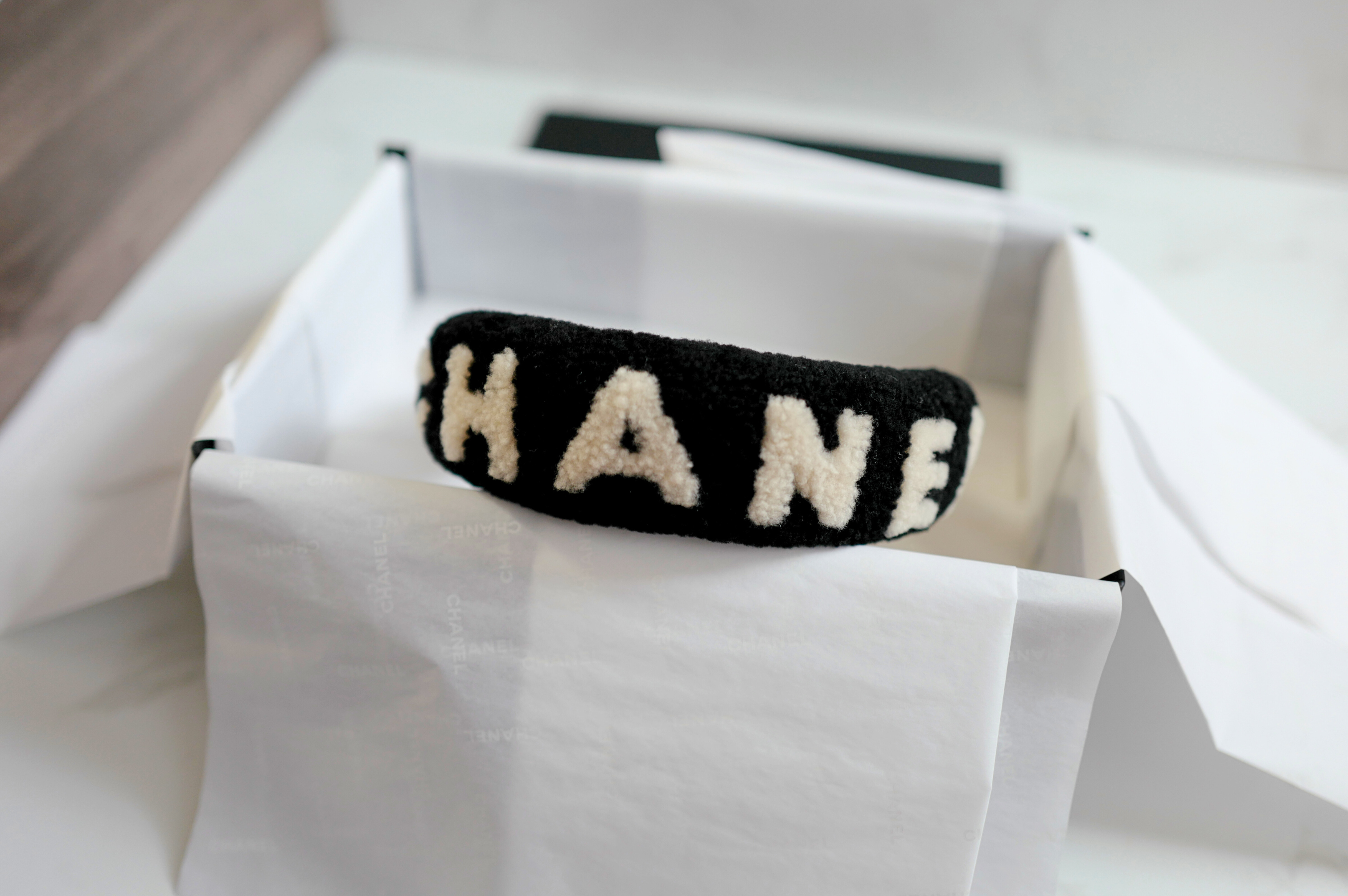 NEW Chanel Headband Shearling Black Ecru Logo Hair Accessories