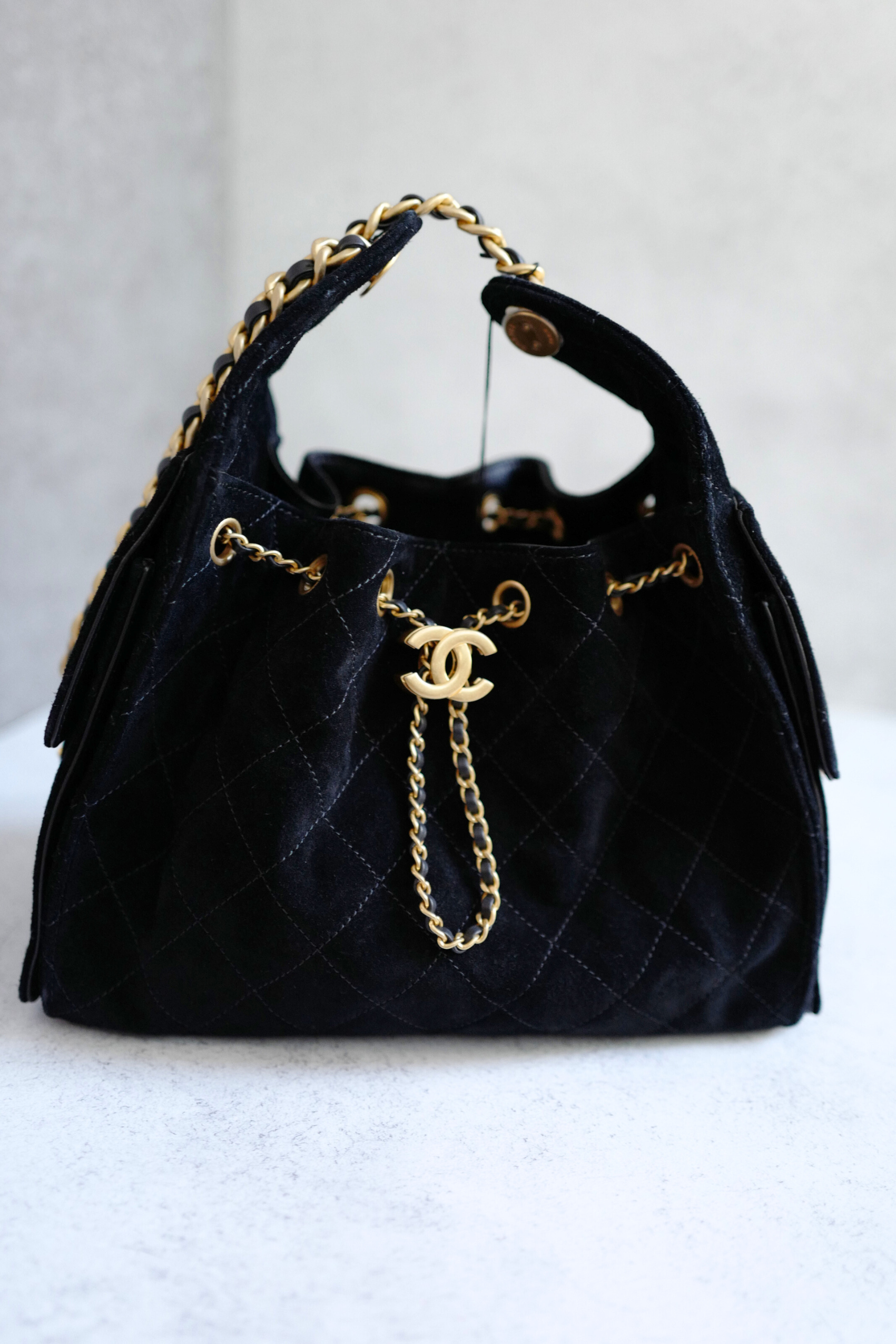 BNIB Chanel 25K Small Hobo Bag Black Suede with Gold Hardware