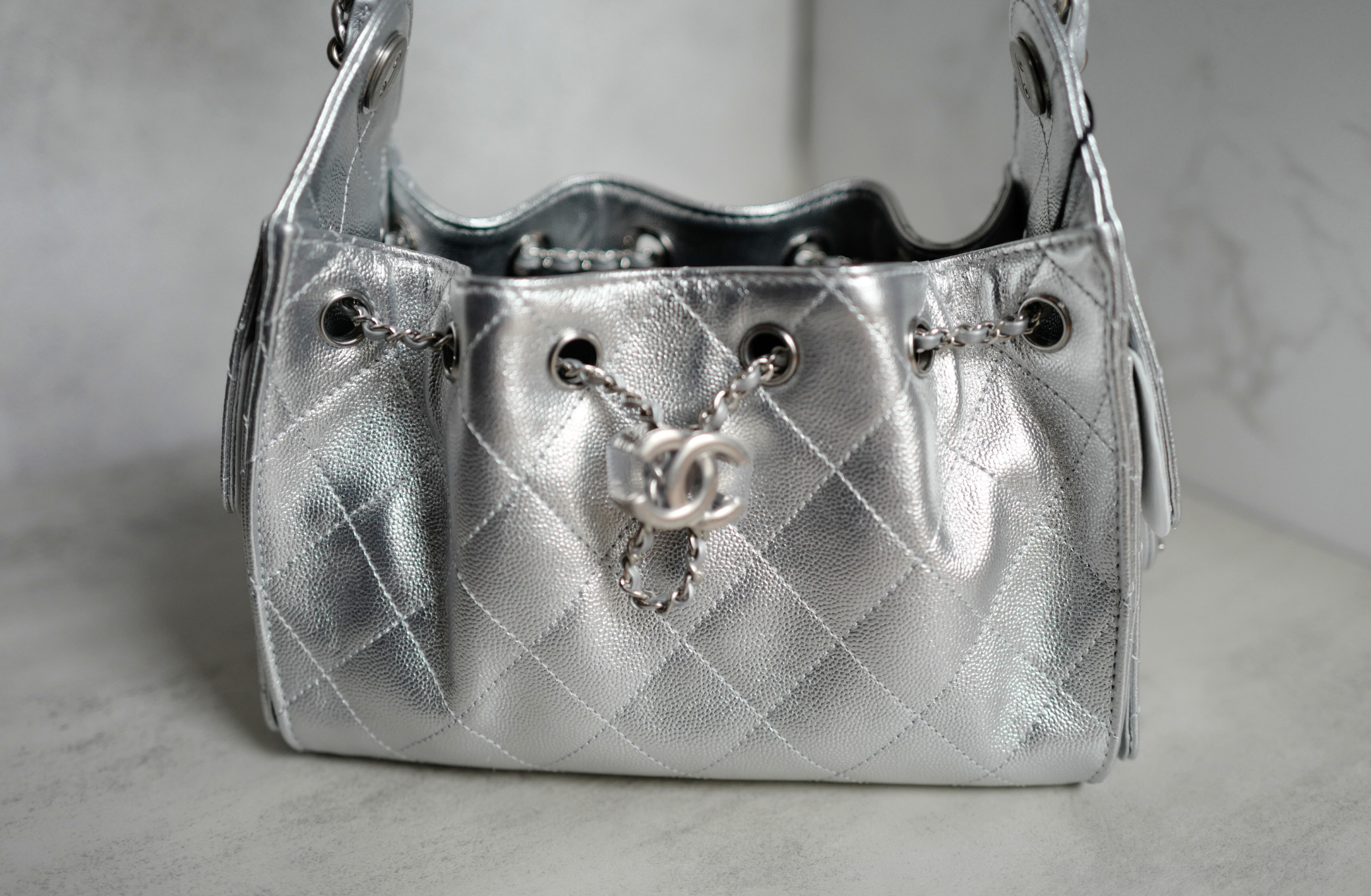BNIB Chanel 26C Mini Hobo Metallic Silver Grained Calfskin Shoulder Bag