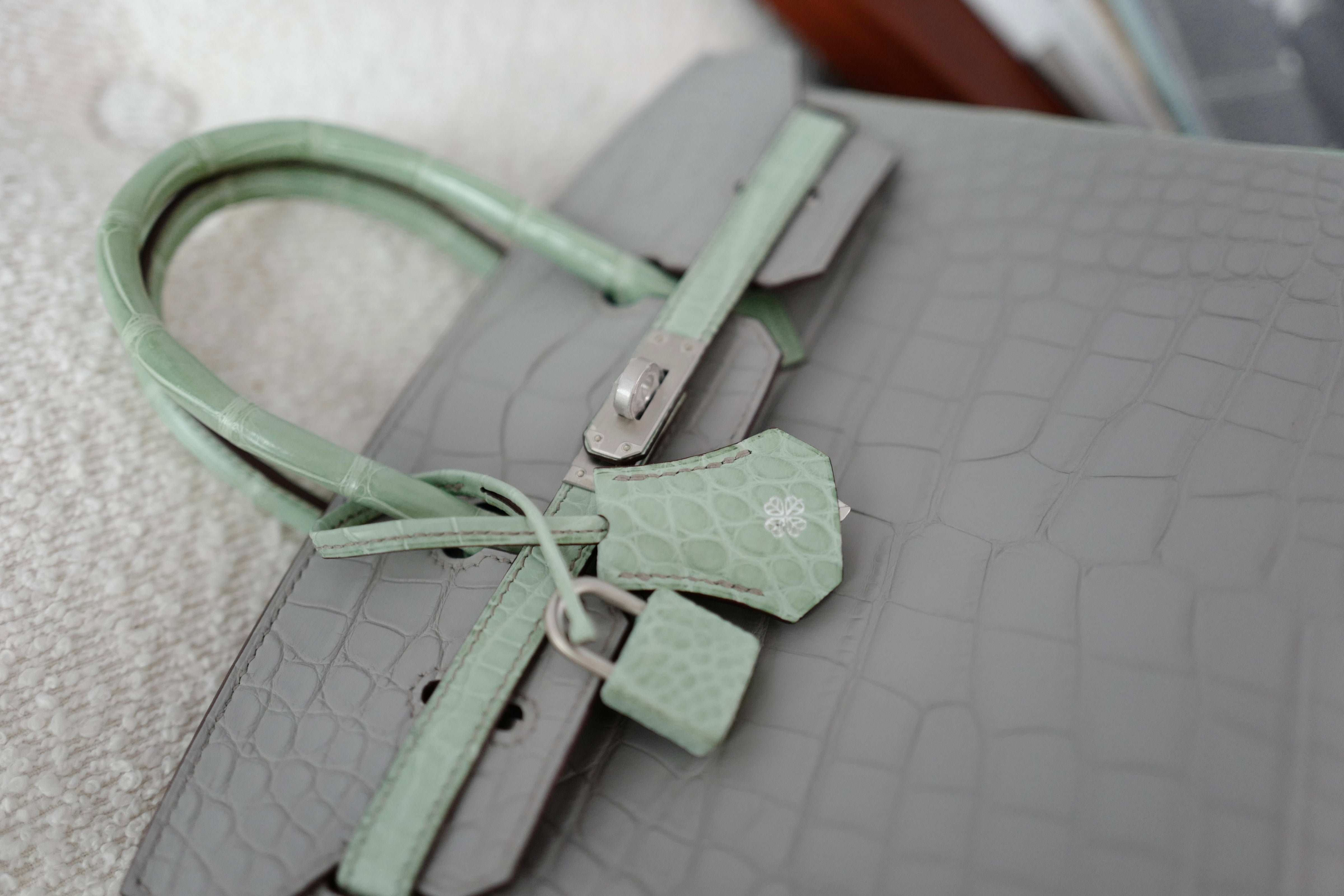 BNIB Hermes Birkin 25 HSS Gris Perle/Vert D’eau Matte Crocodile Brushed Palladium HW