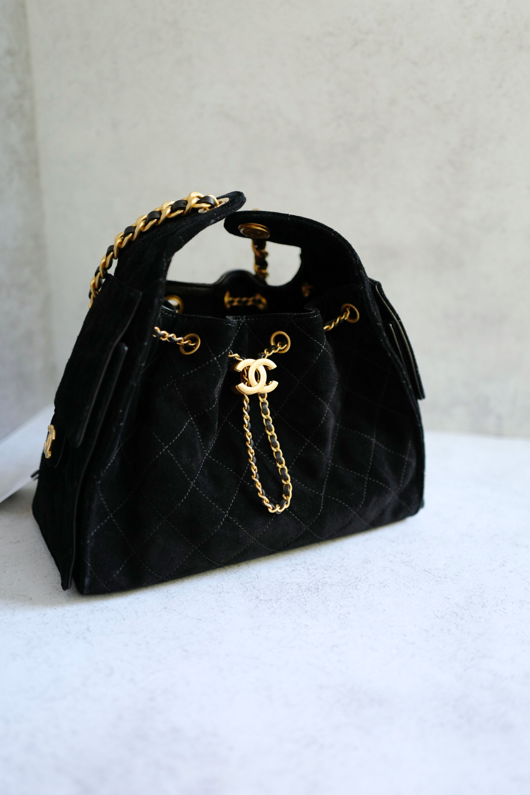 BNIB Chanel 25K Small Hobo Bag Black Suede with Gold Hardware