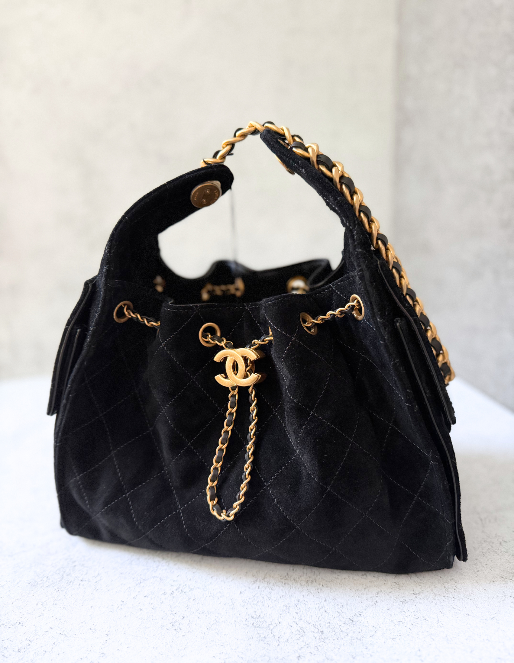 BNIB Chanel 25K Small Hobo Bag Black Suede with Gold Hardware