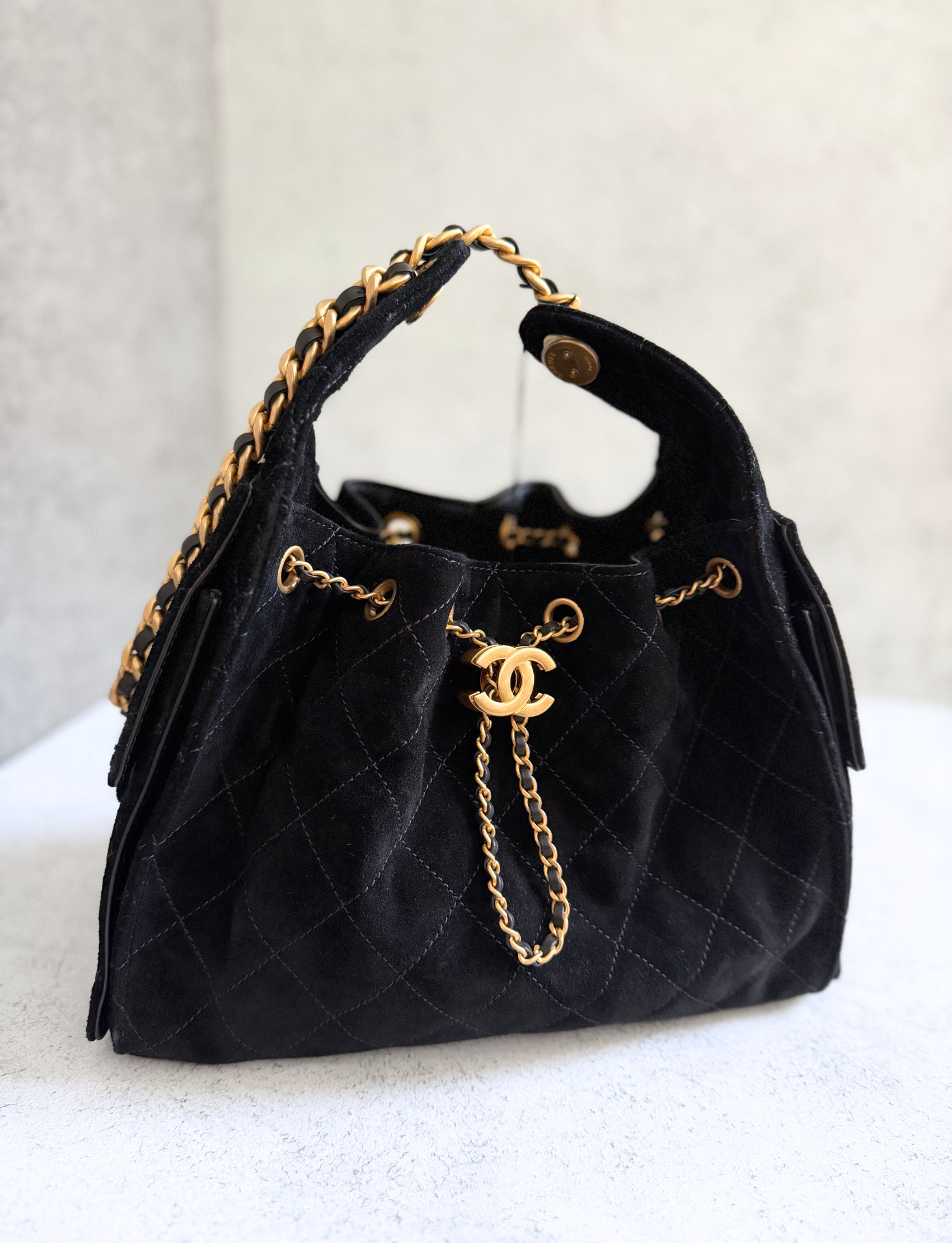 BNIB Chanel 25K Small Hobo Bag Black Suede with Gold Hardware