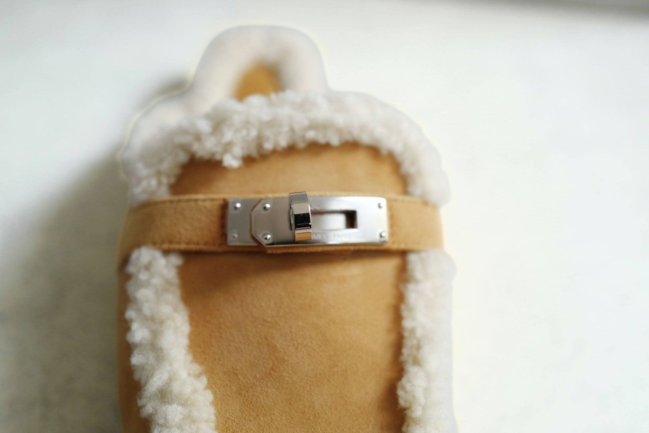 BNIB Hermes Oz Mule Shearling Miel / Ecru Suede Palladium Hardware size 38