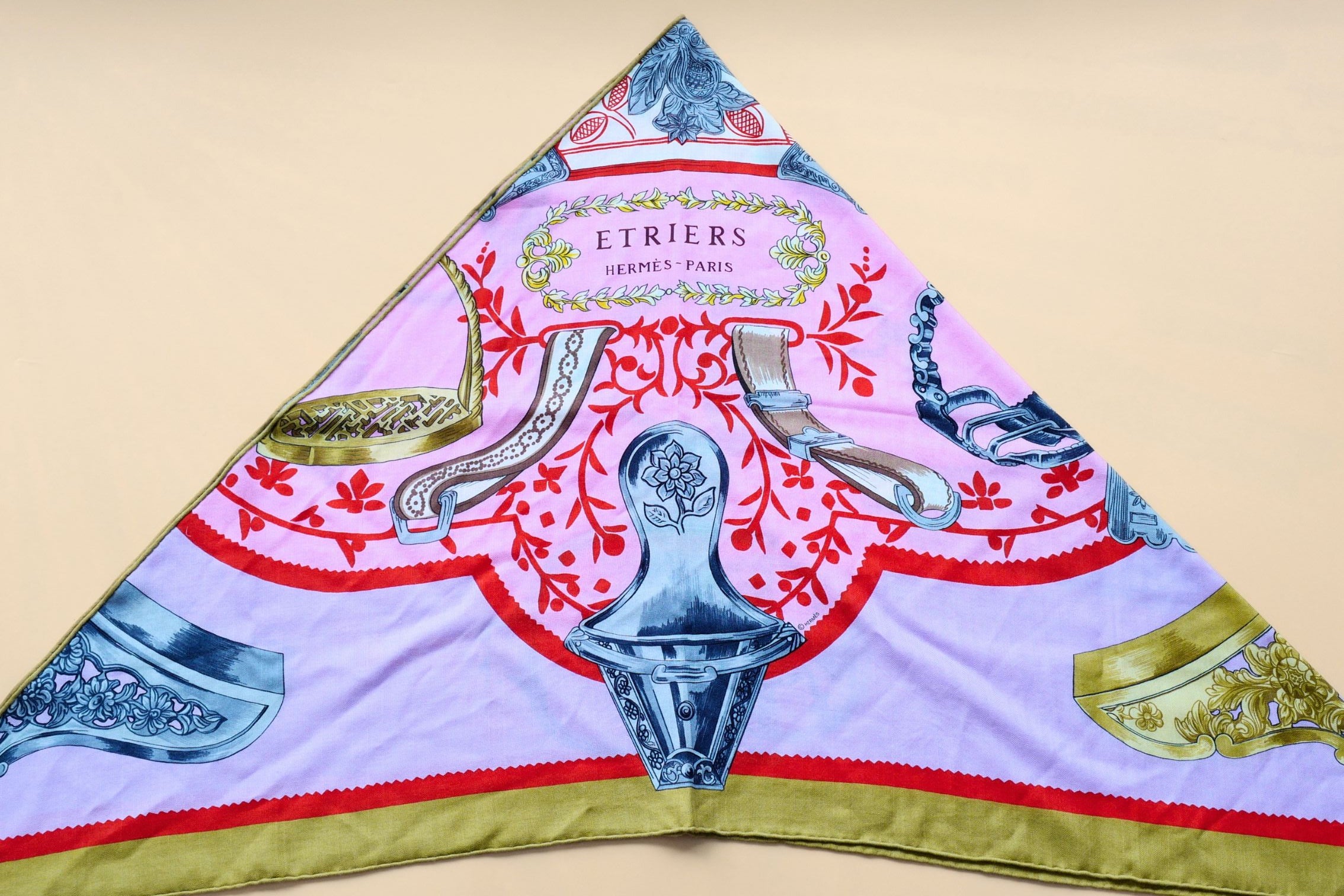 Hermès Etriers Triangle Scarf Pink Multicolor Cashmere Silk