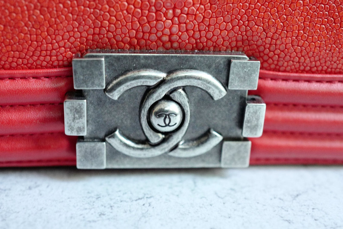 Preloved Chanel Boy Red Small In Stingray Ruthenium HW Limited Edition #18