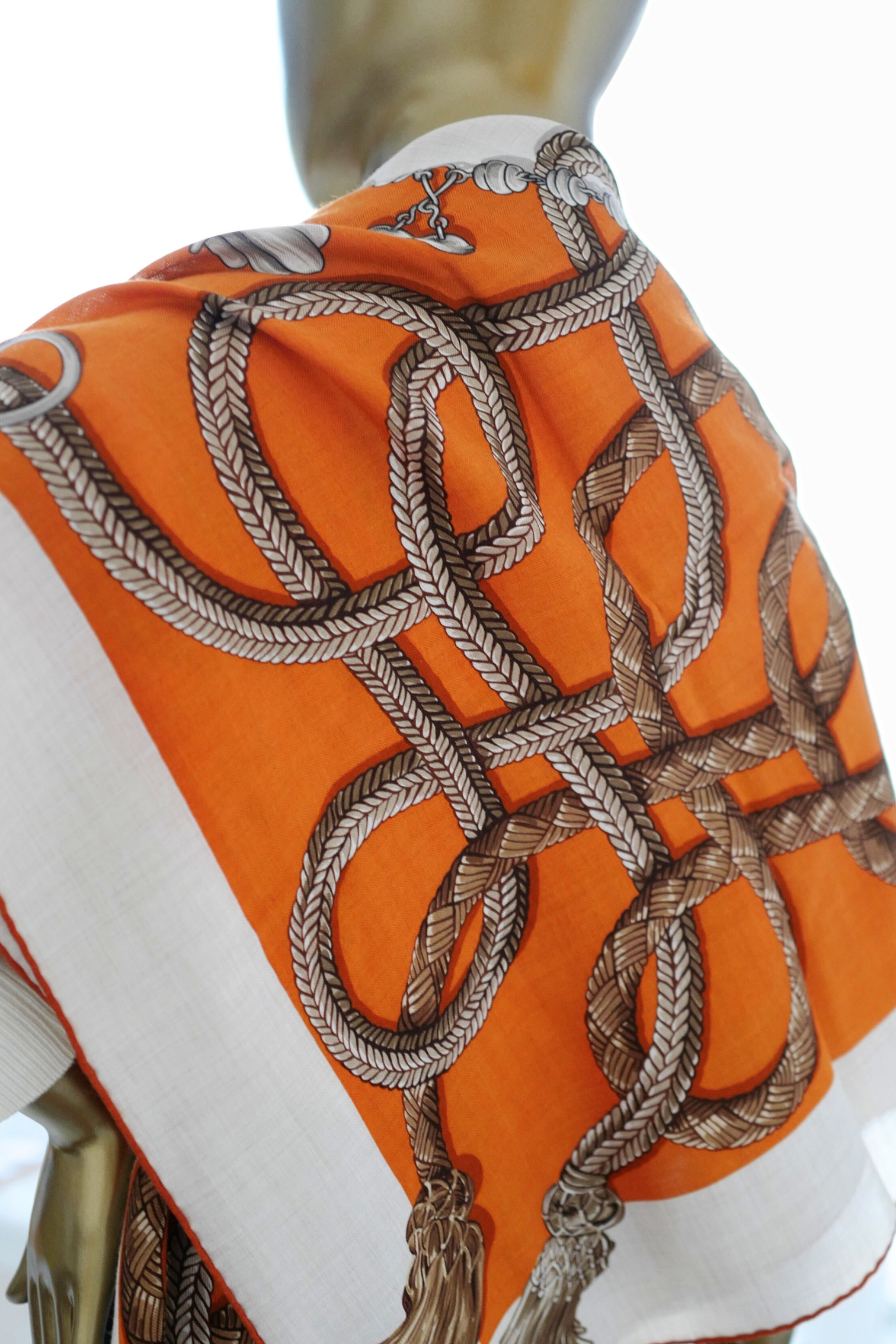 Hermès Palefroi Shawl 140 Cashmere Silk – Naturel / Orange Cuit / Cannelle
