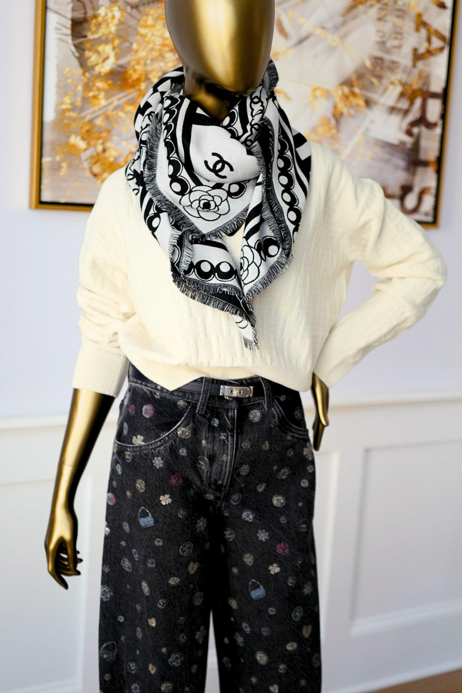 CHANEL 26C Black White Checkered Double CC Scarf Shawl