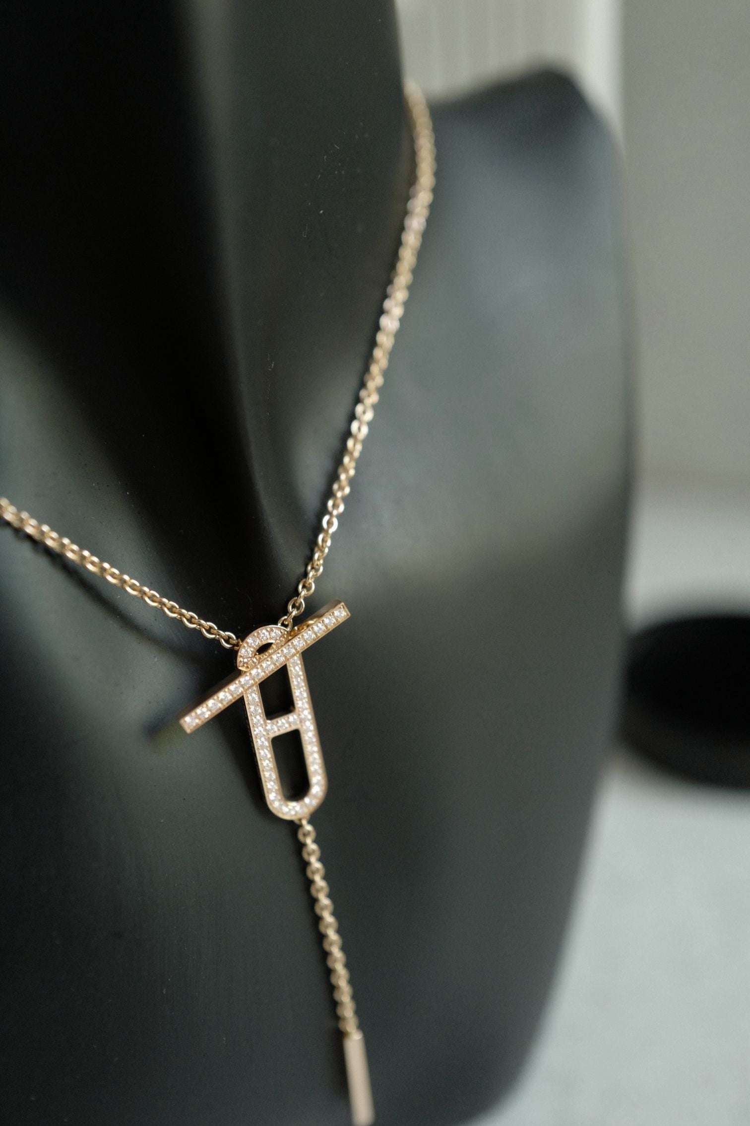 NEW Hermes Ever Chaine d'ancre Lariat Necklace Rose Gold 54 Diamonds