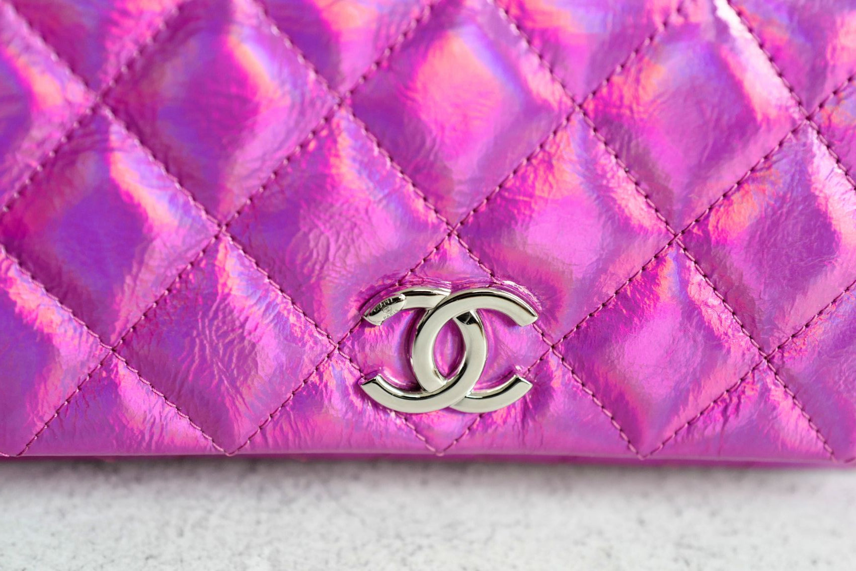 NEW Chanel Wallet on Chain Iridescent Mirror Goatskin Silver Fuchsia Cruise 24C