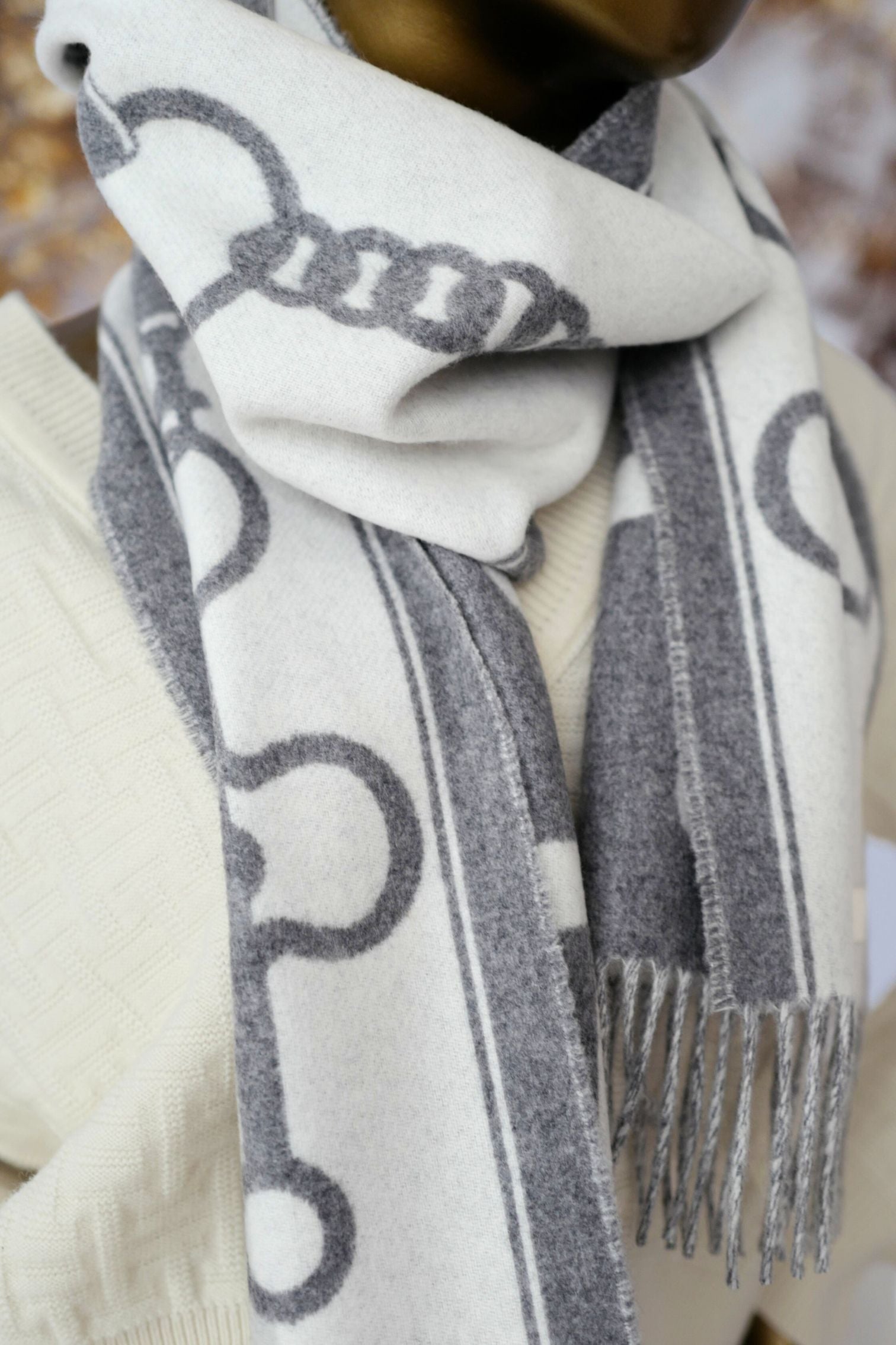 Hermès Casaque Mors Cashmere Scarf in Ivoire Gris Flanelle